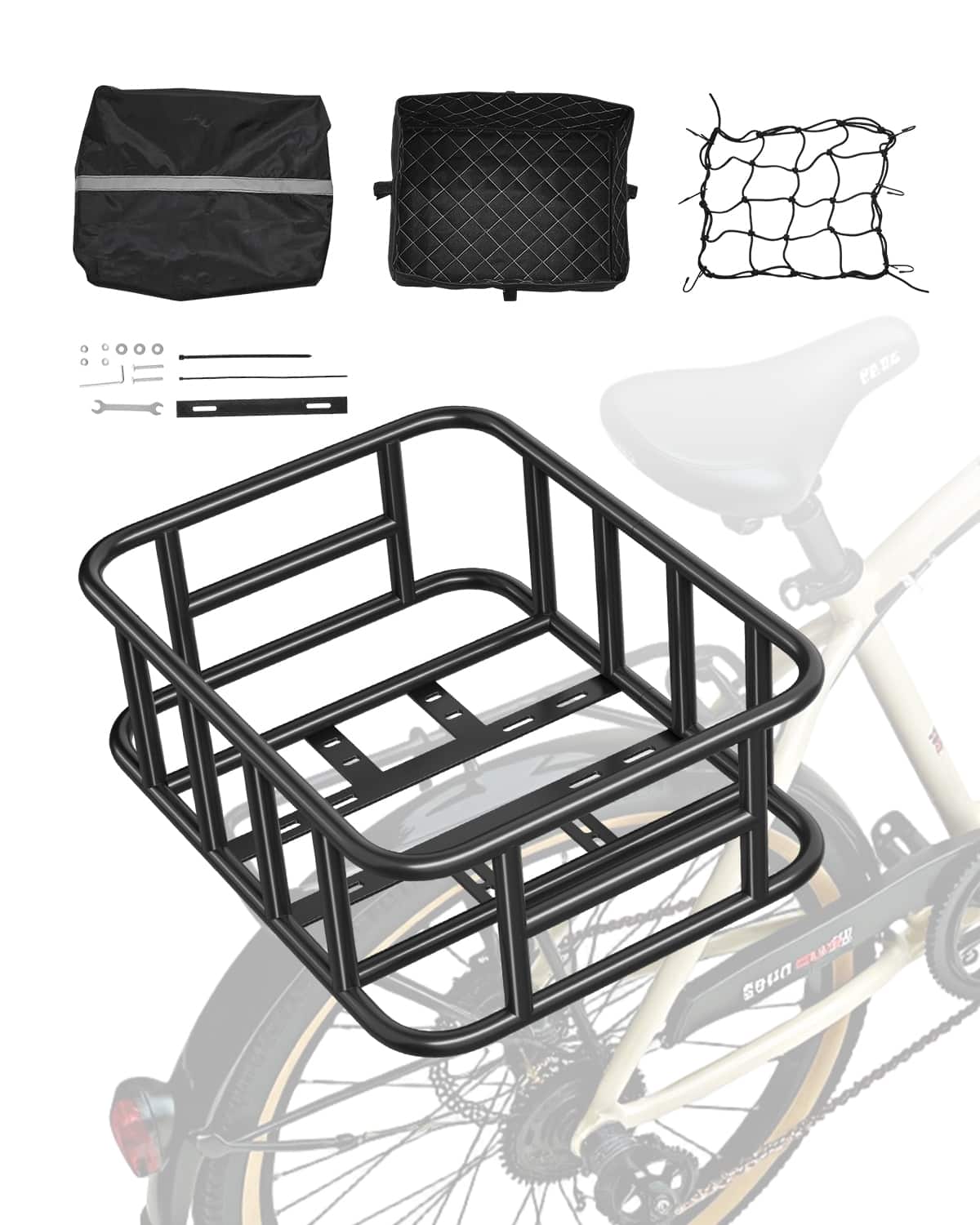 Front. VEVOR - Rear Bike Basket, Medium Bicycle Basket with Cargo Net, Liner & Waterproof Cover, Heavy Duty Bike Back Basket - Black.