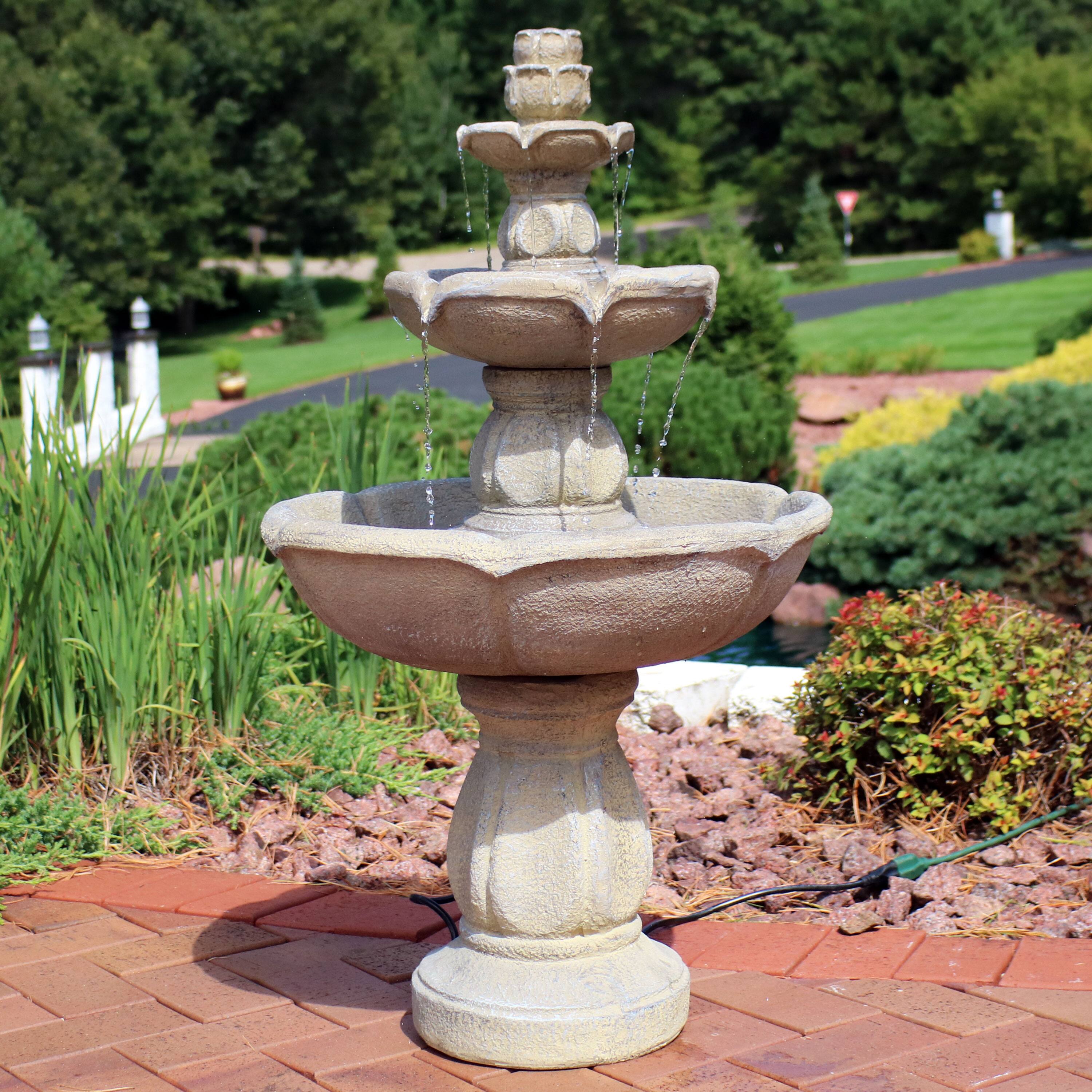 Alt View 3. Sunnydaze - Birds' Delight Fiberglass Outdoor 3-Tier Water Fountain - Light Brown.