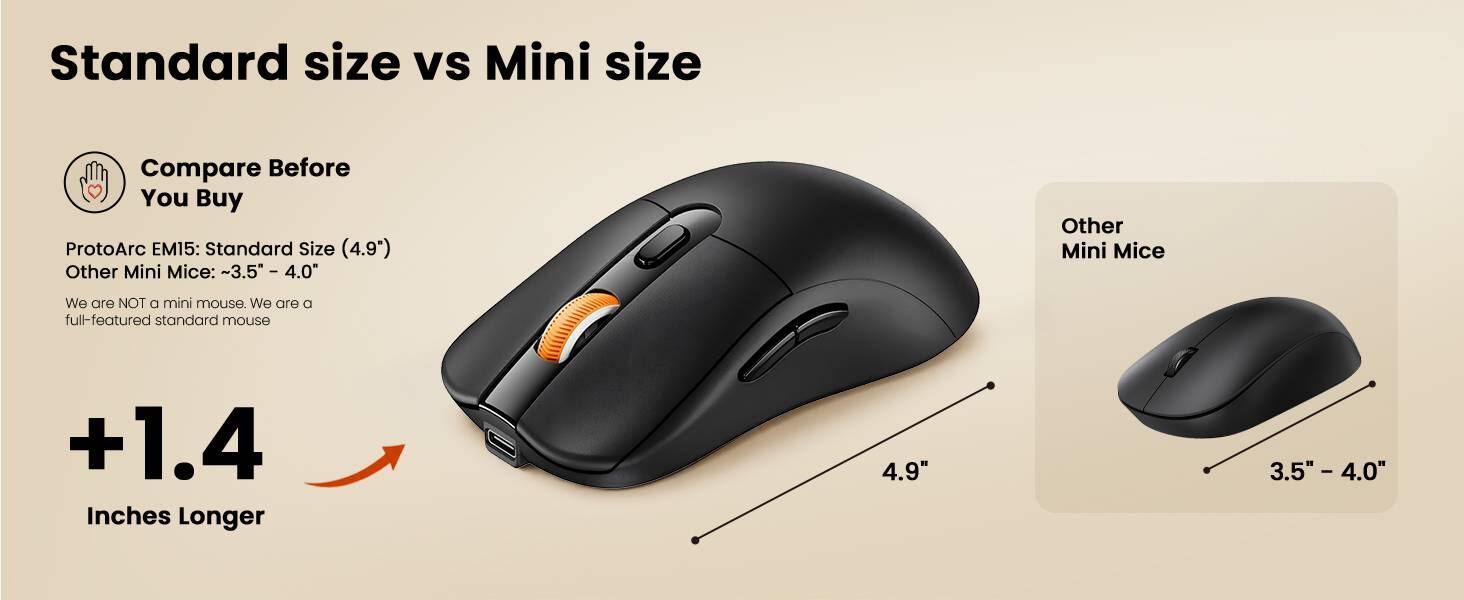 Standard size vs Mini size

Compare Before You Buy

ProtoArc EM15: Standard Size (4.9")  
Other Mini Mice: 3.5" - 4.0"

We are NOT a mini mouse. We are a full-featured standard mouse

+1.4 Inches Longer

4.9"  
3.5" - 4.0"