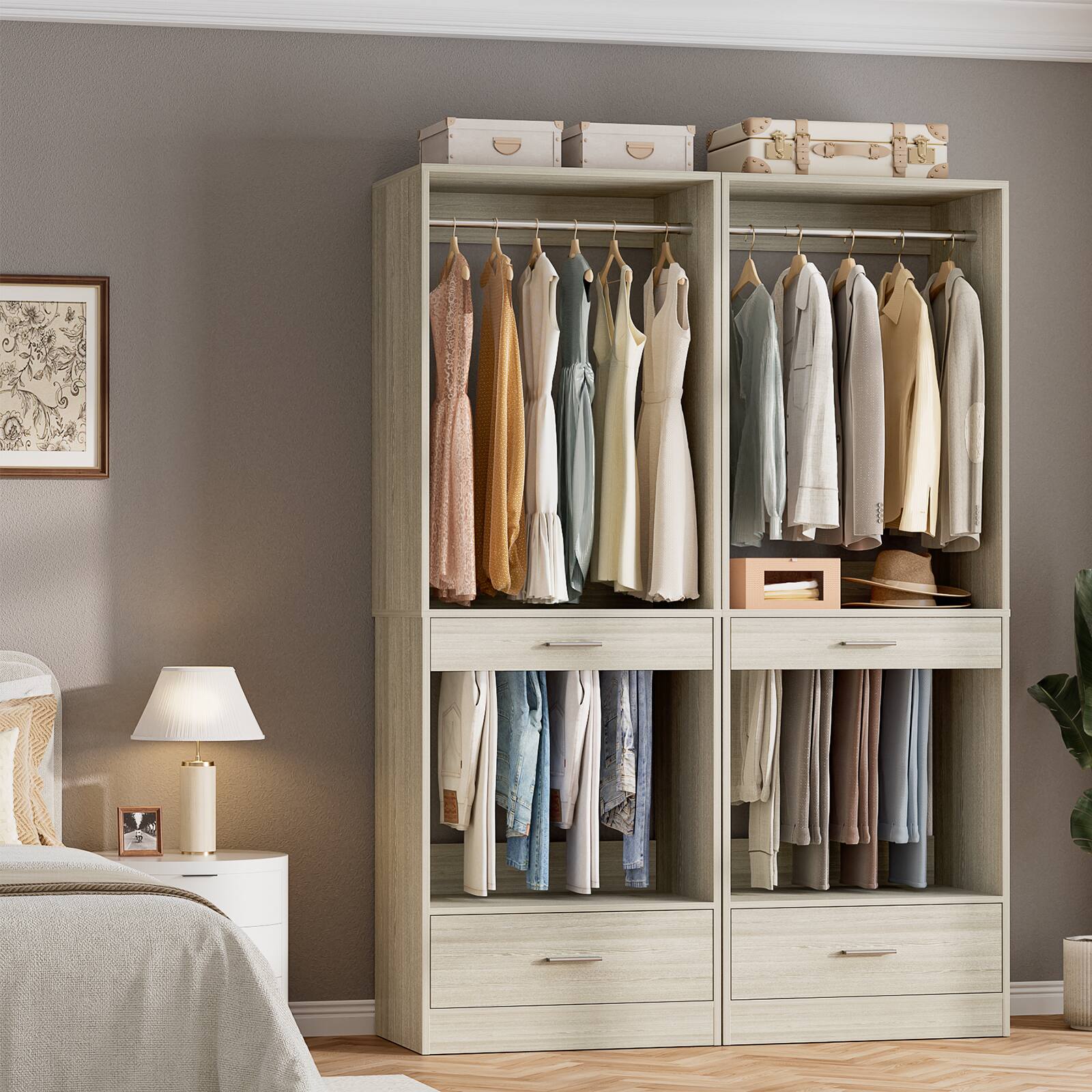 Alt View 1. Aheaplus - Walk-in Hanging Closet System, 23.6'' Wide Closet Organizer with 2 Hanging Rods, Pant Rack, and Drawer - Beige Oak.