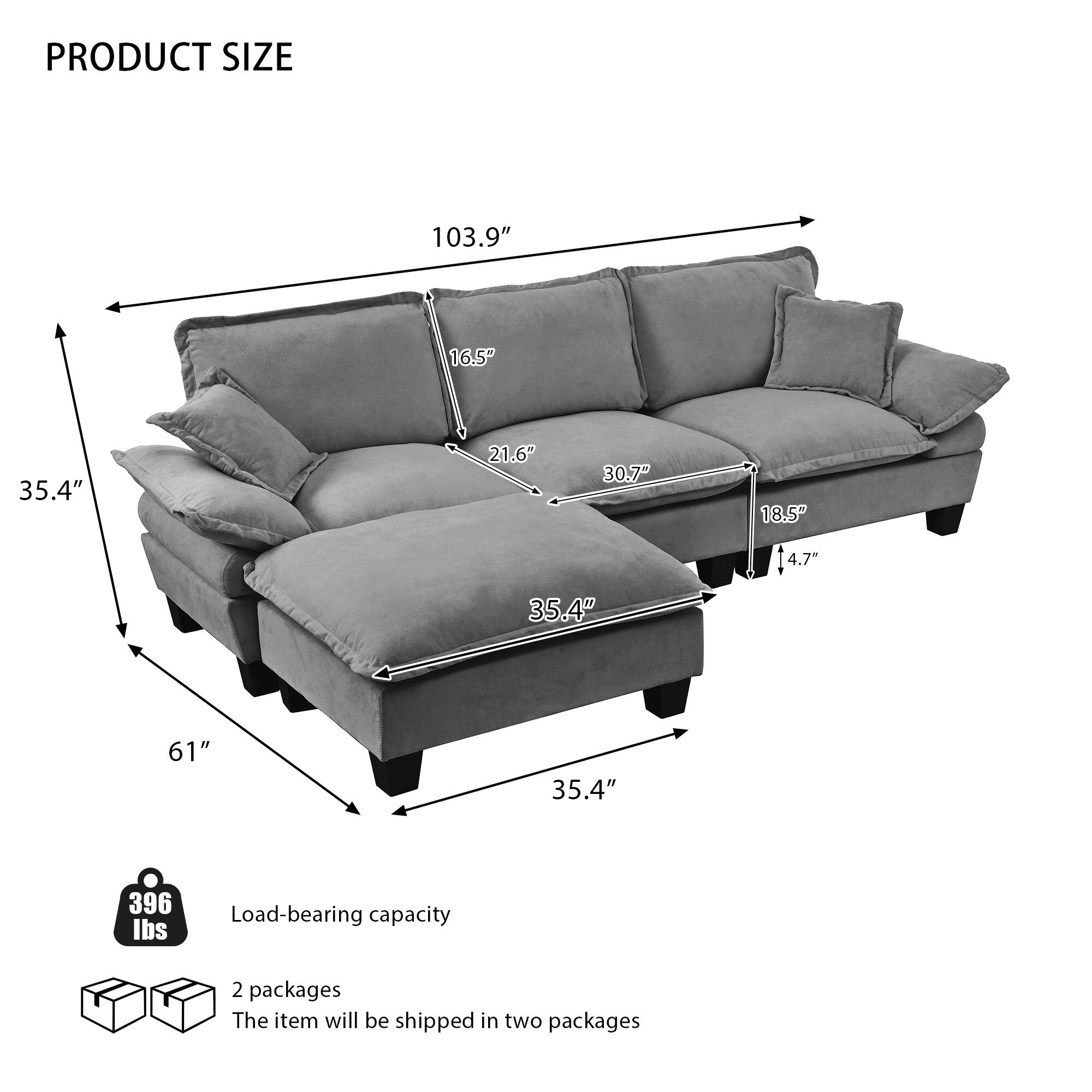 PRODUCT SIZE  
103.9" x 35.4" x 61"  
16.5" x 21.6" x 30.7" x 18.5" x 4.7" x 35.4"  

Load-bearing capacity: 396 lbs  

2 packages  
The item will be shipped in two packages