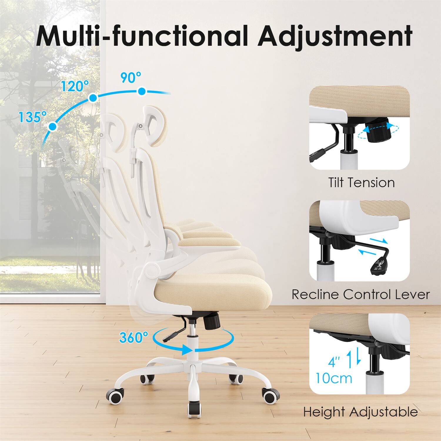 Multi-functional Adjustment

- 90°
- 120°
- 135°
- Tilt Tension
- Recline Control Lever
- 360°
- 4" / 10cm Height Adjustable