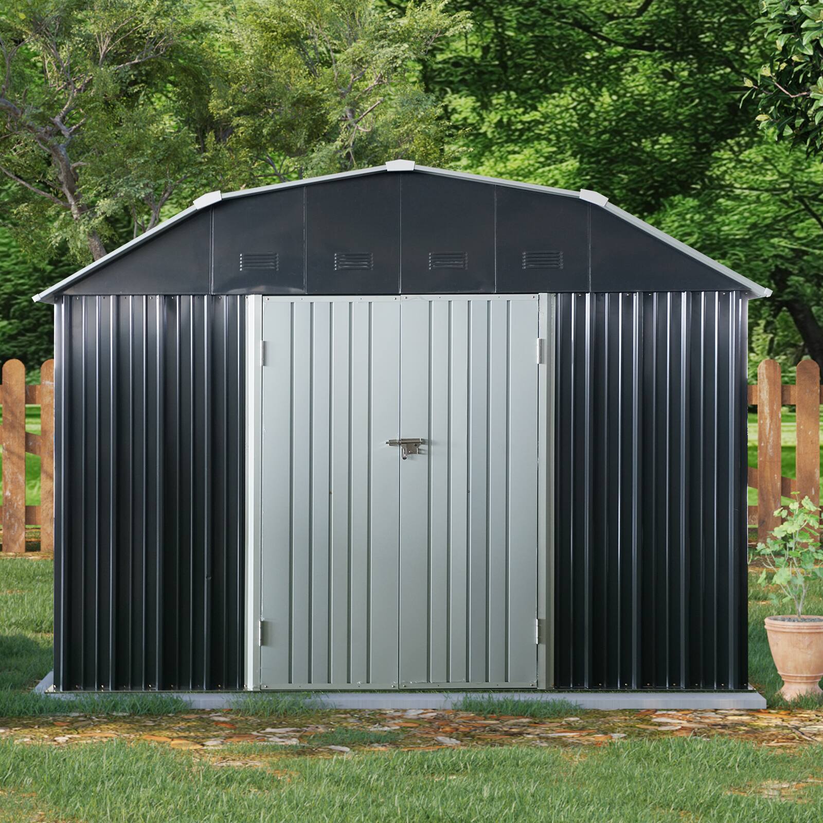 Angle. Loheer - Loheer 10x12 Metal Shed Arch Roof Outdoor Storage Shed with Lockable Doors Heavy Duty Black Garden Shed.