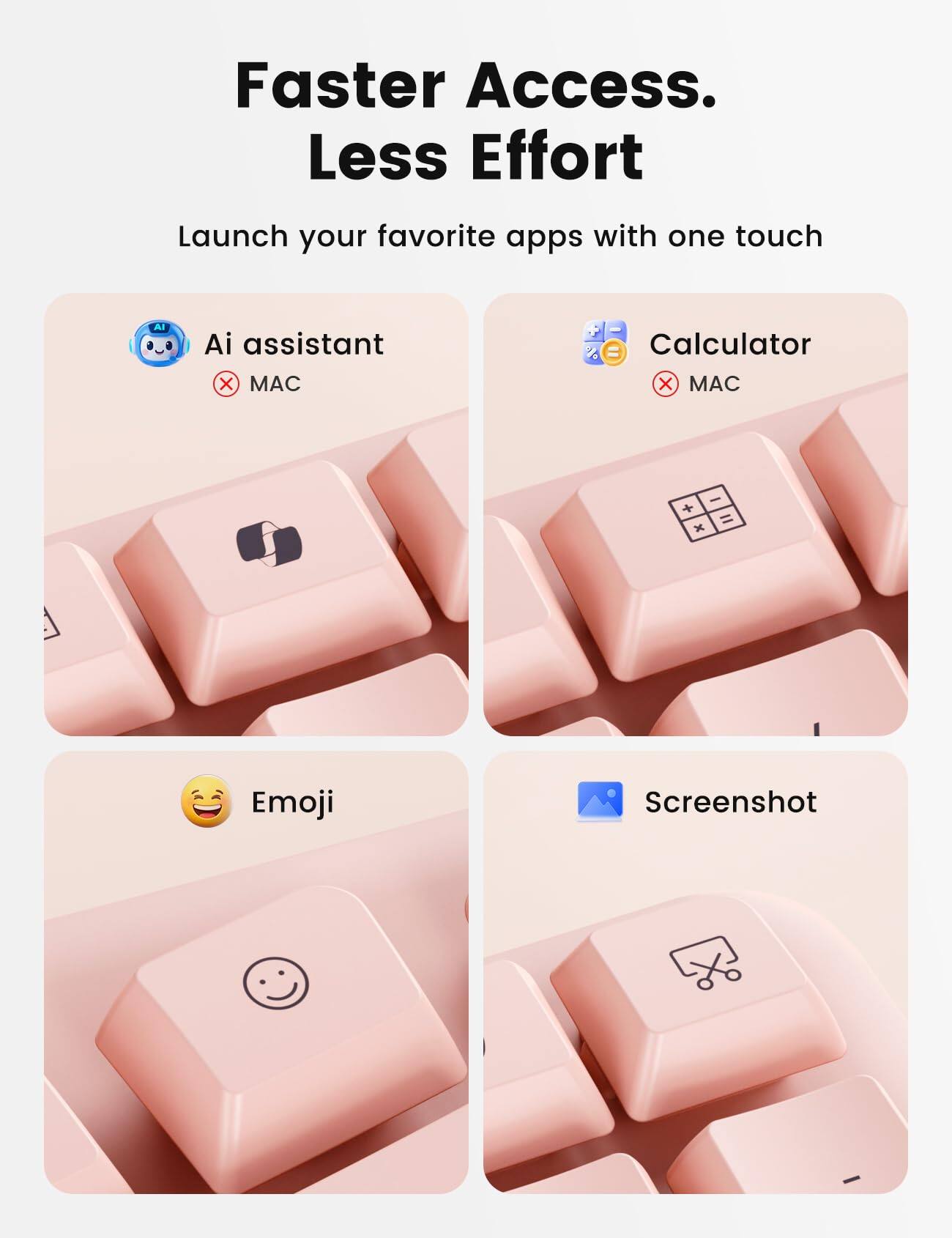 Faster Access. Less Effort

Launch your favorite apps with one touch

- Ai assistant
  - MAC
- Calculator
  - MAC
- Emoji
- Screenshot