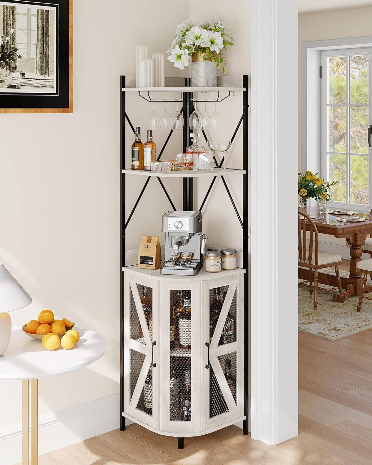 Front. GAOMON - Industrial 72in Corner Wine Cabinet with Power Outlet & LED Strip, Mesh Door Liquor Cabinet with Glass Holder - Gray.