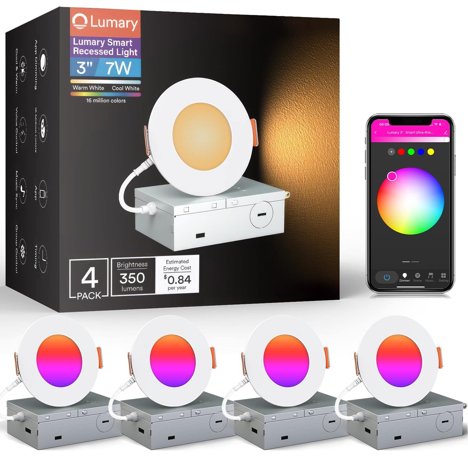 "Lumary - 3"" Smart WiFi Recessed Lighting LED Wafer Downlight with Junction Box Compatible with Alexa/Google Assistant 4 Pack - White" price history on PriceWatchPro