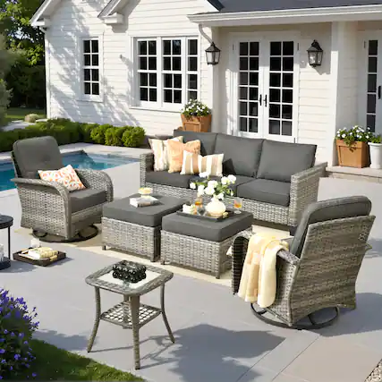 Front. Ovios - 6 PCS Patio Furniture Set, 3 Seat Cushioned Sofa, Swivel Chairs with Ottoman & Side Table - Black.