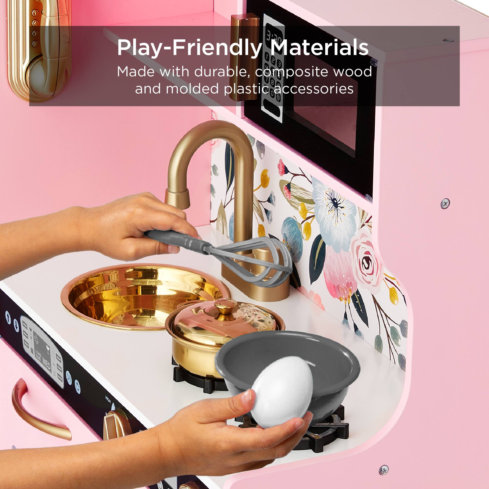 Play-Friendly Materials  
Made with durable, composite wood and molded plastic accessories