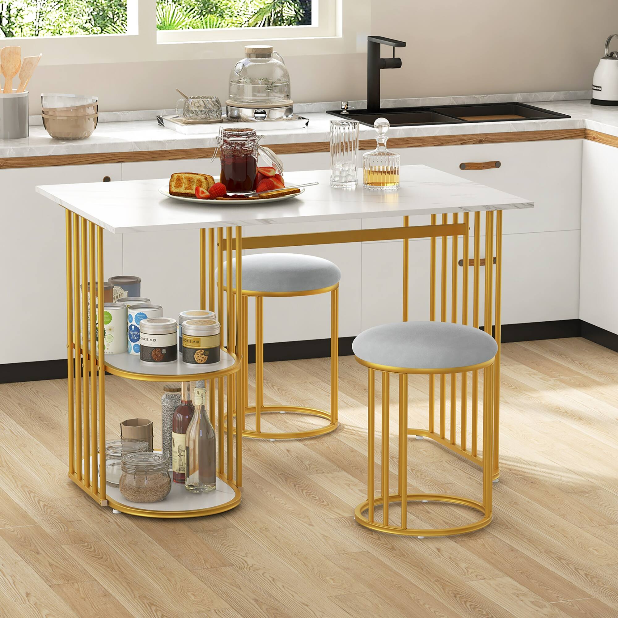 Alt View 1. Gymax - Gymax 3 Piece Dining Table Set w/ 2 Stools 2-tier Storage Shelf Upholstered Seat - White, Gold.