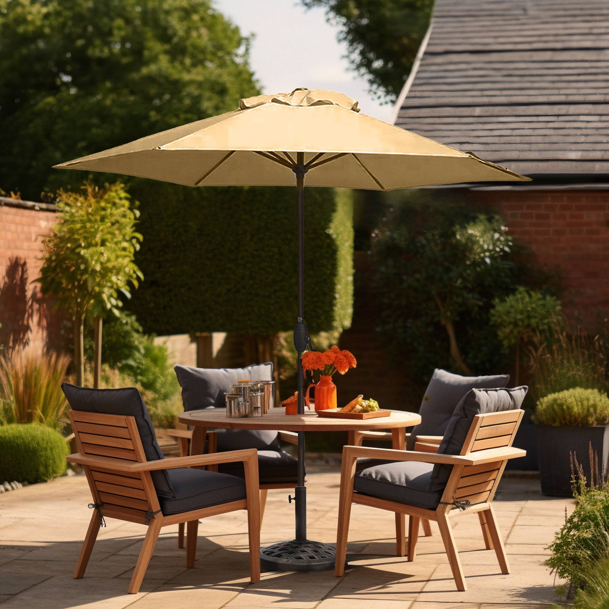 Alt View 4. Four Seasons Courtyard - Four Seasons Courtyard 9 Foot Cambridge Market Umbrella with Push Button Tilt - Beige/Bronze.