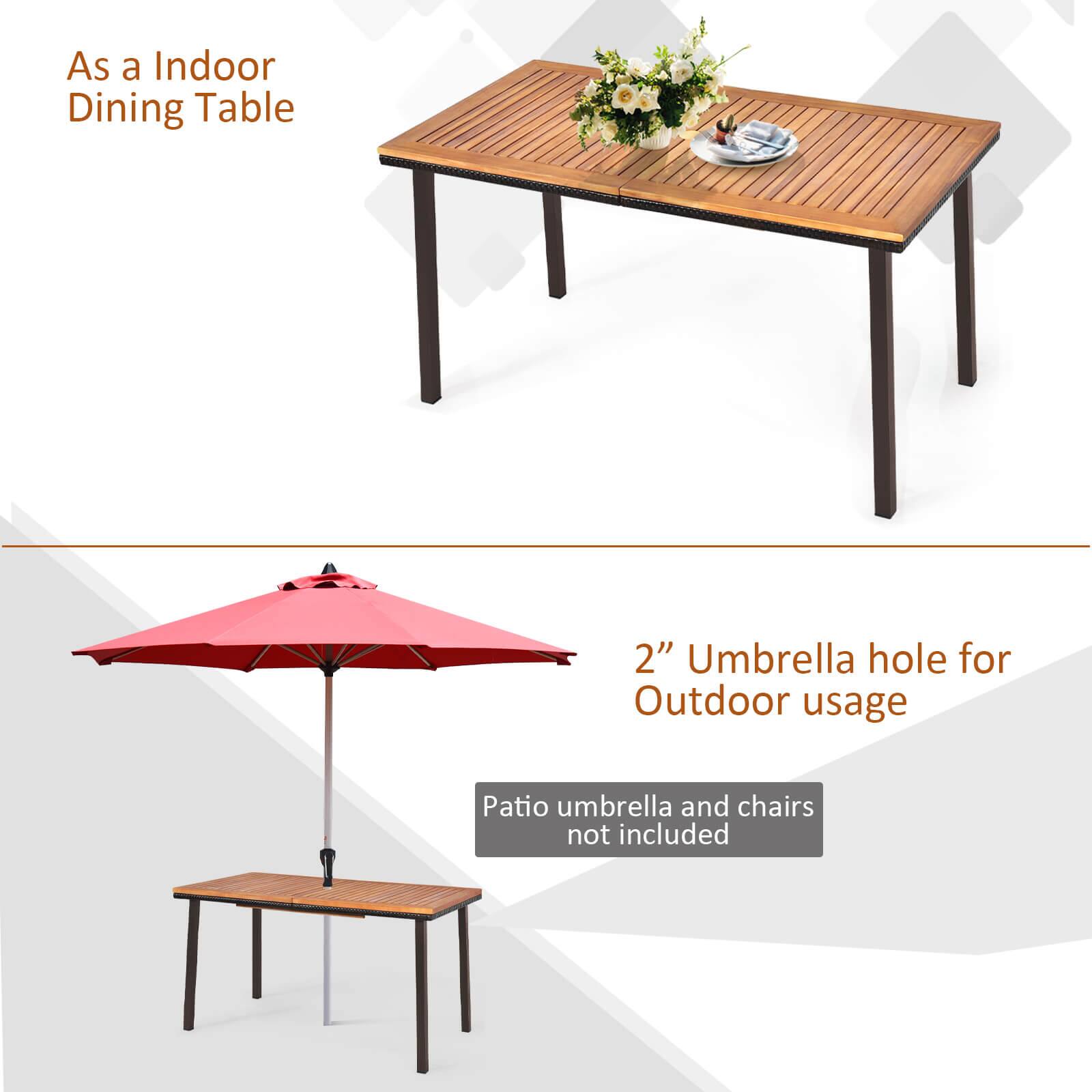 As a Indoor Dining Table

2" Umbrella hole for Outdoor usage

Patio umbrella and chairs not included