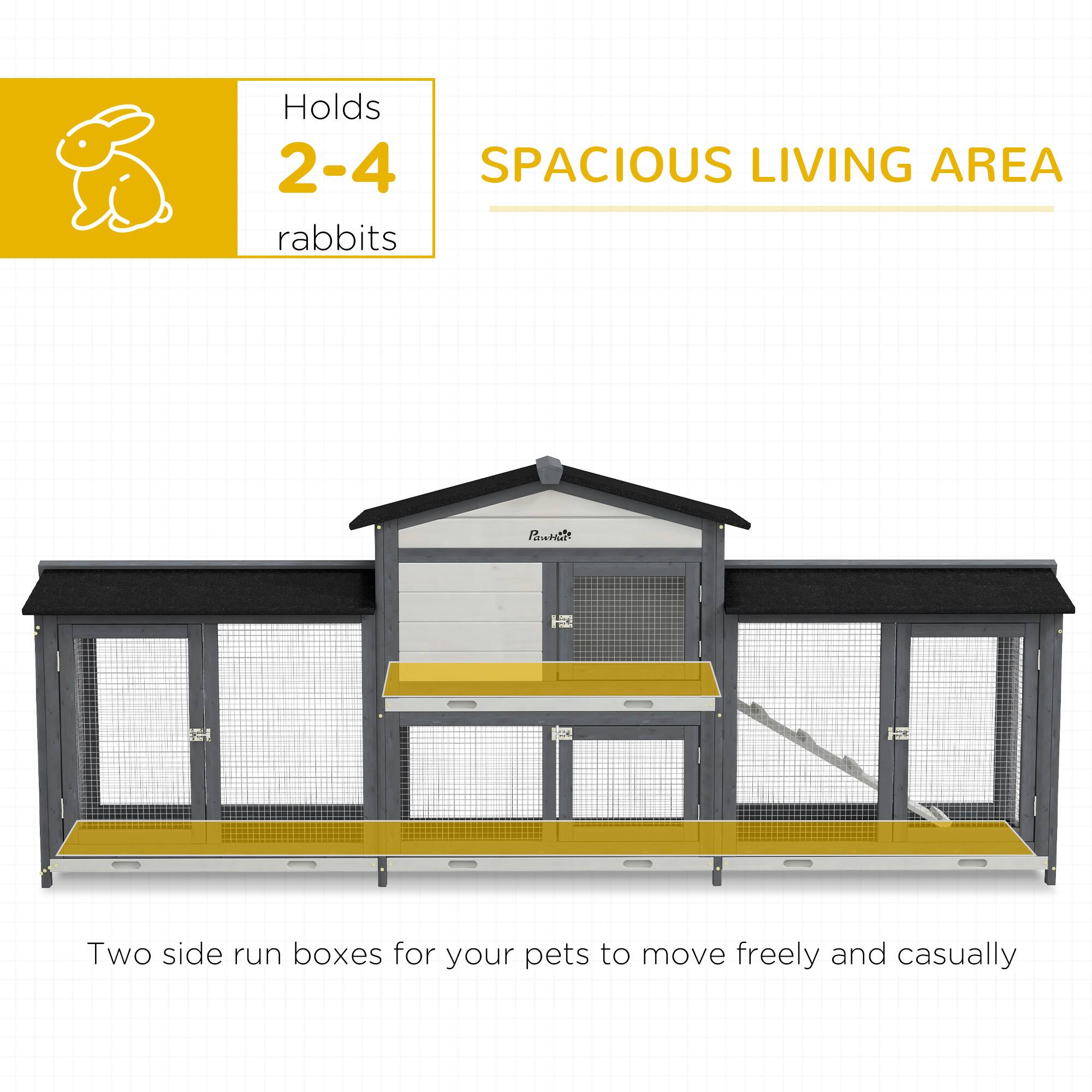 Holds 2-4 rabbits

SPACIOUS LIVING AREA

Two side run boxes for your pets to move freely and casually