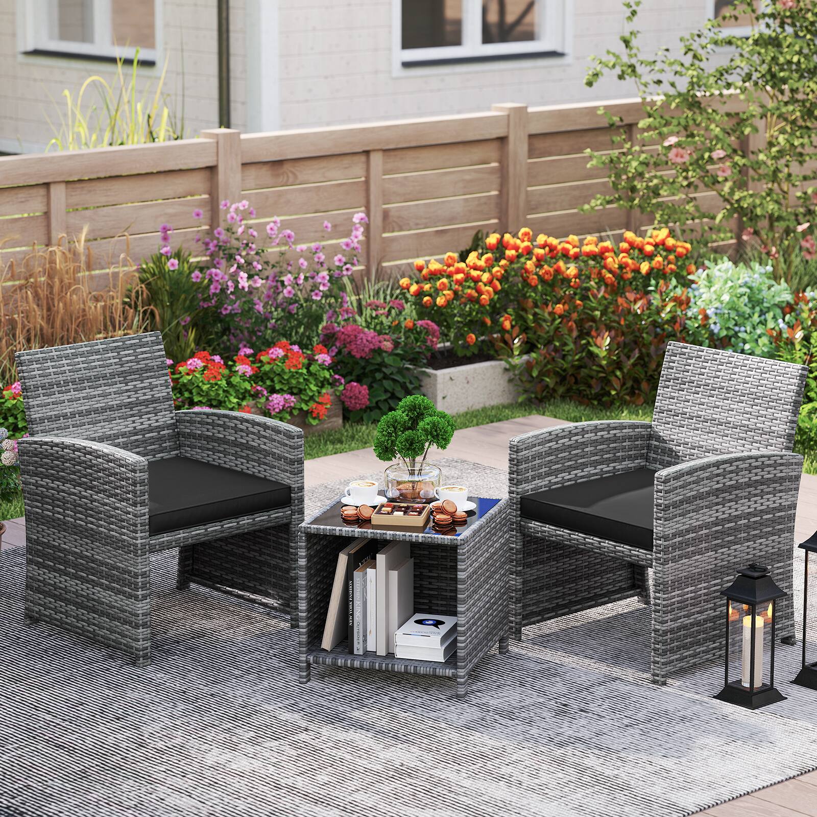 Alt View 3. Gymax - Gymax 3 Pieces Patio Furniture Set PE Rattan Chairs Set w/ Storage Coffee Table Black - Black.