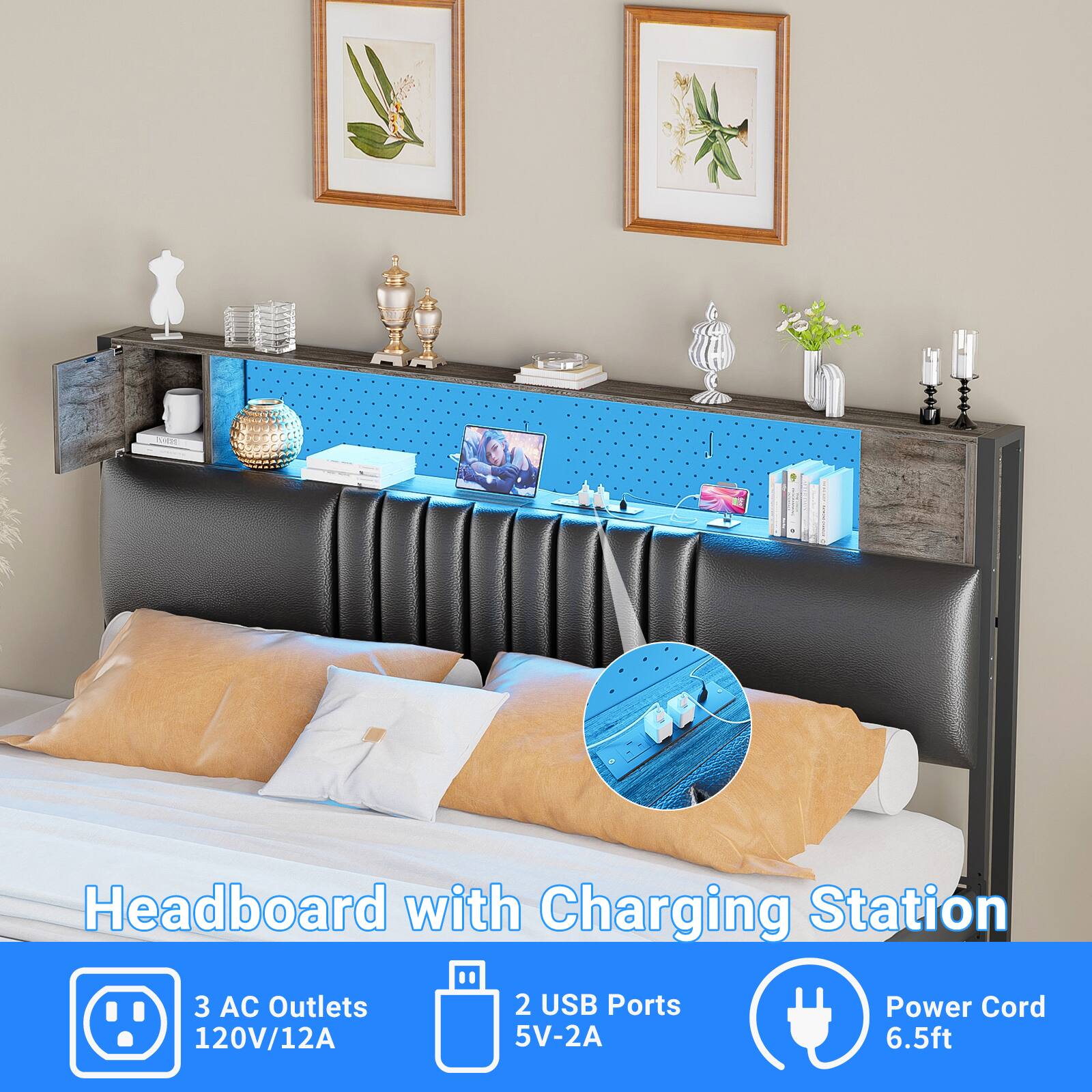 Headboard with Charging Station  
3 AC Outlets 120V/12A  
2 USB Ports 5V-2A  
Power Cord 6.5ft