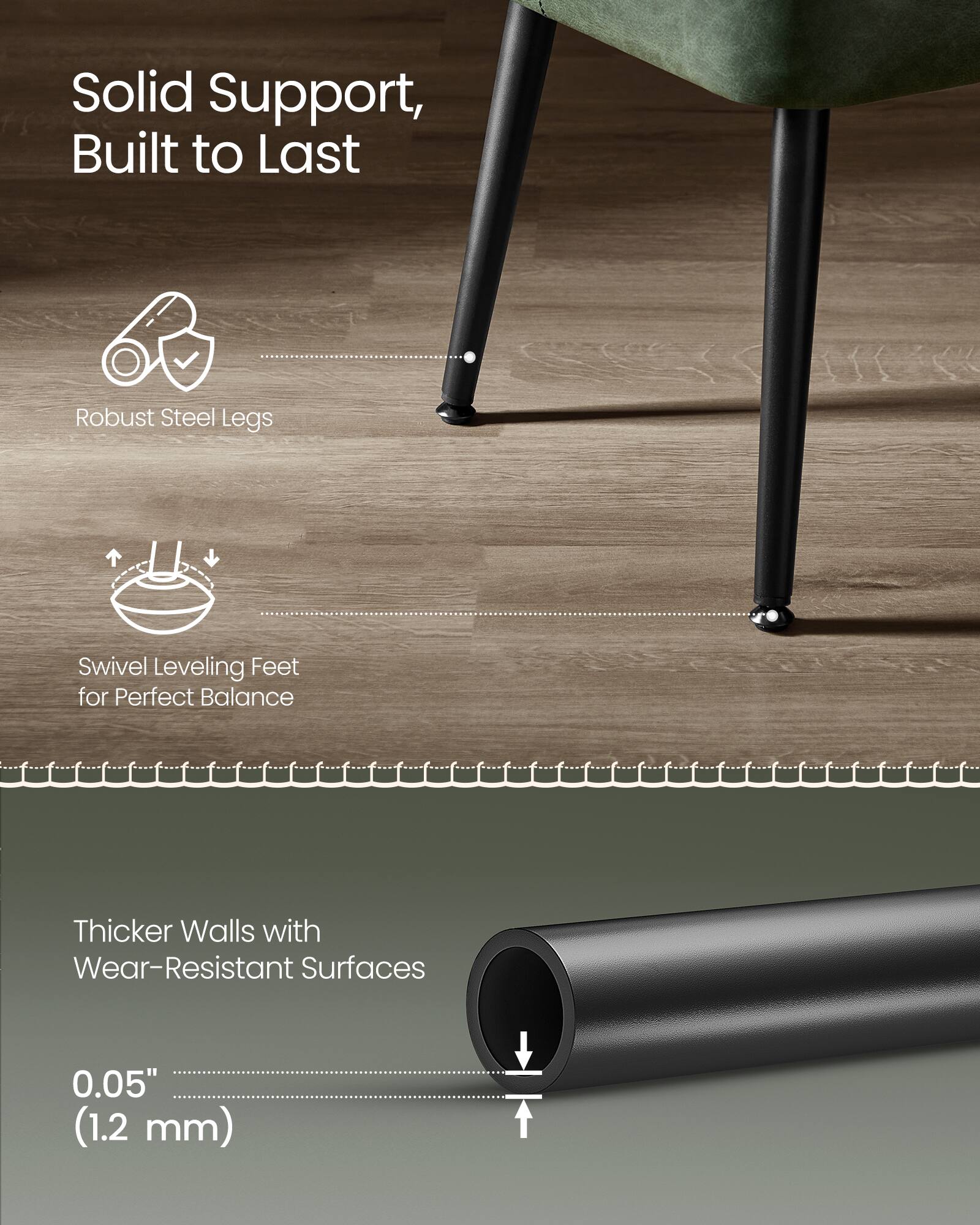Solid Support, Built to Last  
Robust Steel Legs  
Swivel Leveling Feet for Perfect Balance  
Thicker Walls with Wear-Resistant Surfaces  
0.05" (1.2 mm)