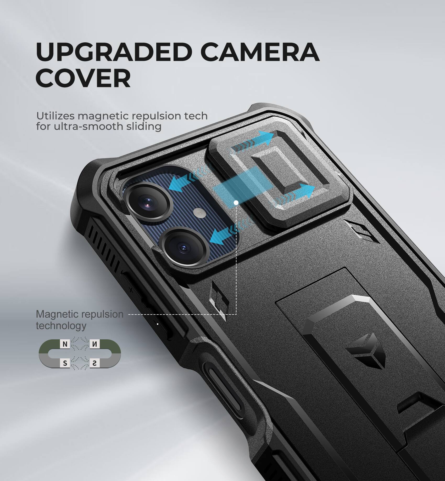 UPGRADED CAMERA COVER

Utilizes magnetic repulsion tech for ultra-smooth sliding

Magnetic repulsion technology