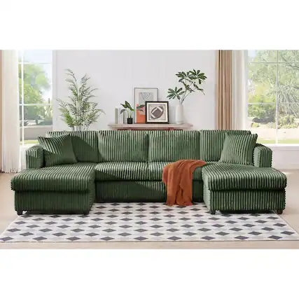 Front. Yardgrace - 6-Seater Modular U-Shaped Sectional Sofa – Extra Large Corduroy with Double Chaises - Green.