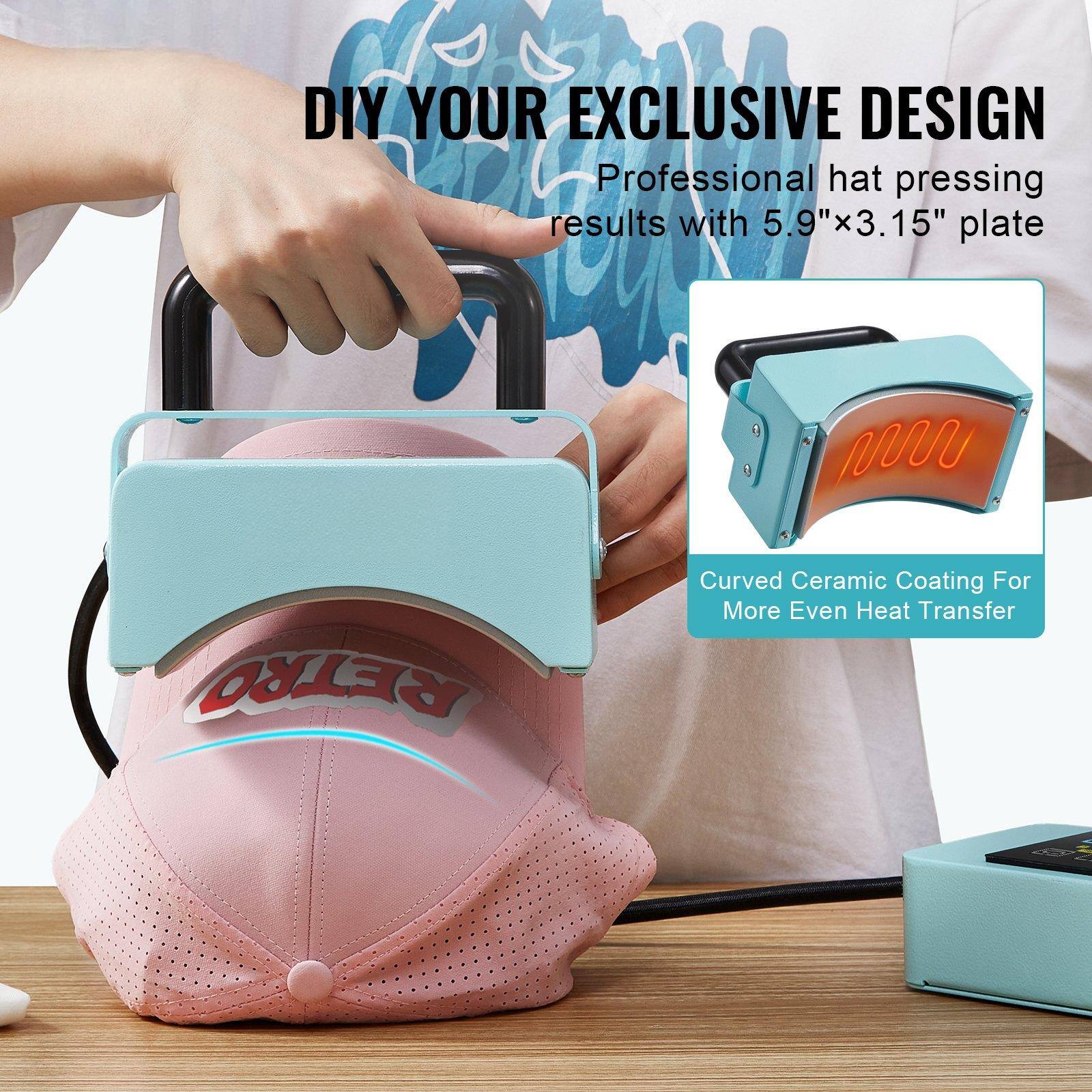 DIY YOUR EXCLUSIVE DESIGN  
Professional hat pressing results with 5.9"x3.15" plate  

Curved Ceramic Coating For More Even Heat Transfer