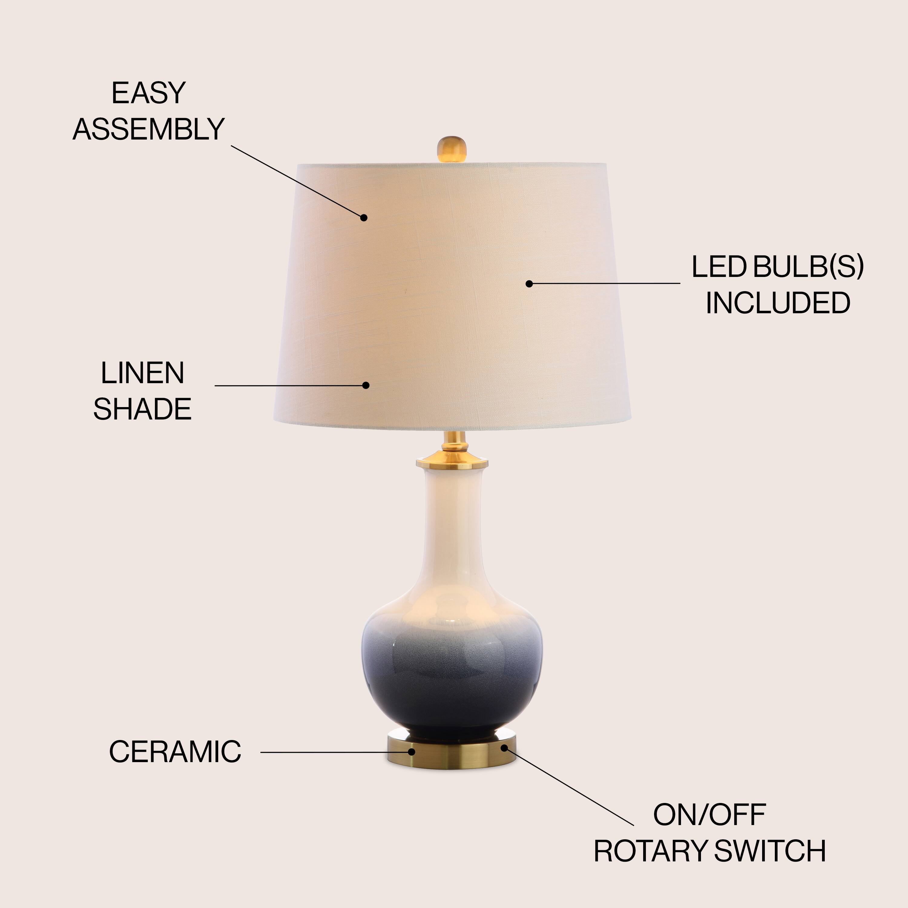 - EASY ASSEMBLY
- LED BULB(S) INCLUDED
- LINEN SHADE
- CERAMIC
- ON/OFF ROTARY SWITCH