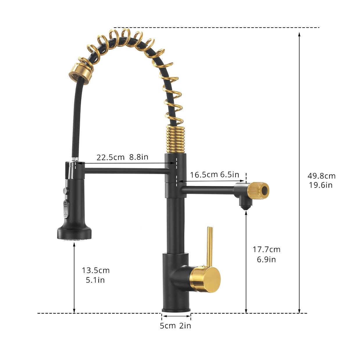 22.5cm 8.8in  
16.5cm 6.5in  
49.8cm 19.6in  
13.5cm 5.1in  
17.7cm 6.9in  
5cm 2in
