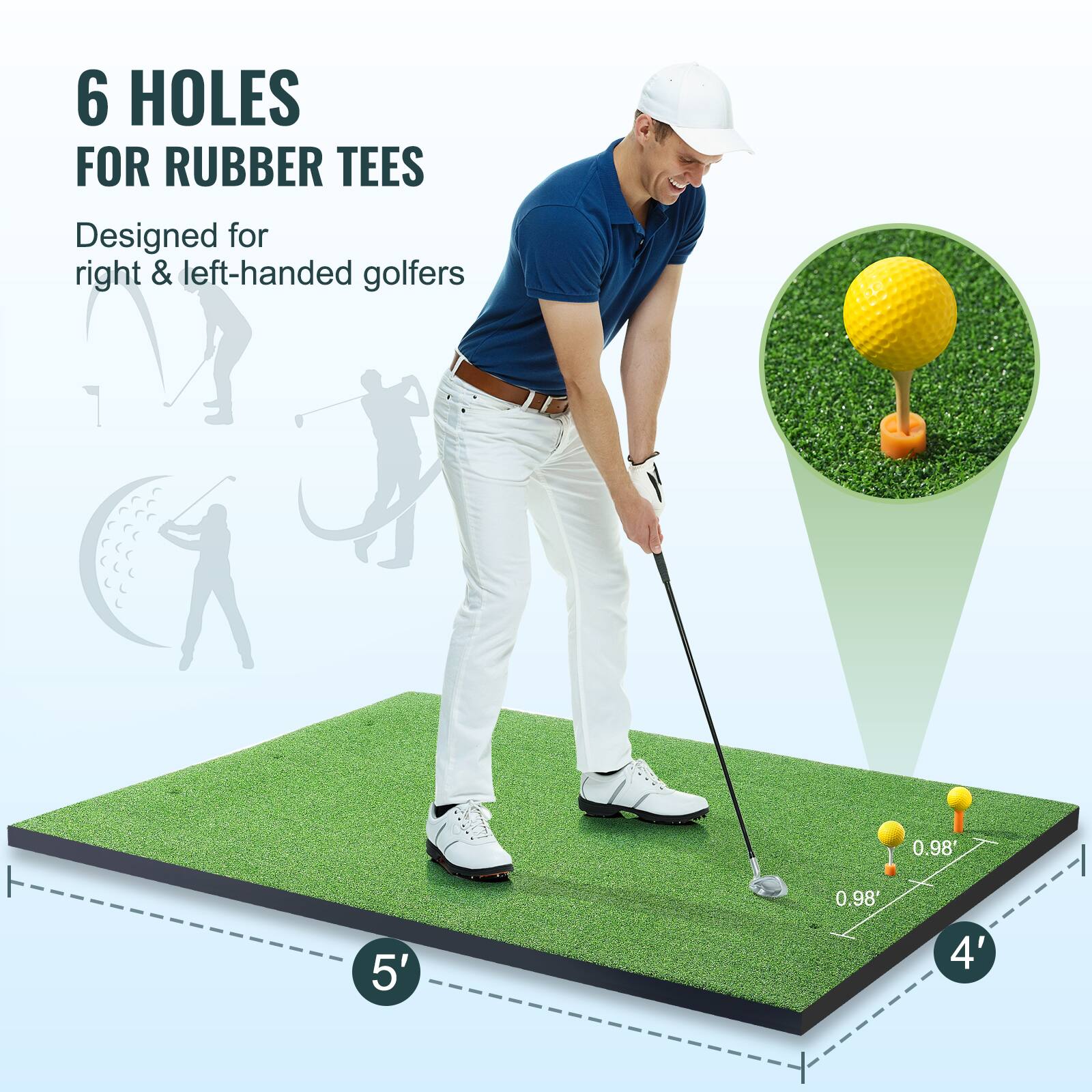 6 HOLES FOR RUBBER TEES  
Designed for right & left-handed golfers  

5'  
4'  
0.98'  
0.98'