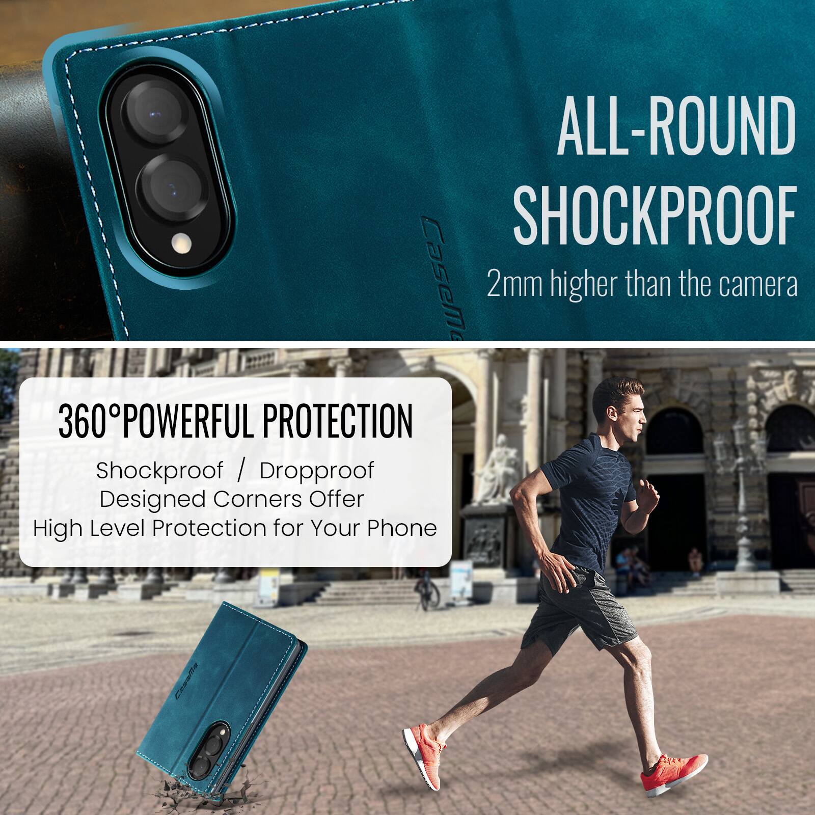 ALL-ROUND SHOCKPROOF  
2mm higher than the camera  

360° POWERFUL PROTECTION  
Shockproof / Dropproof  
Designed Corners Offer High Level Protection for Your Phone