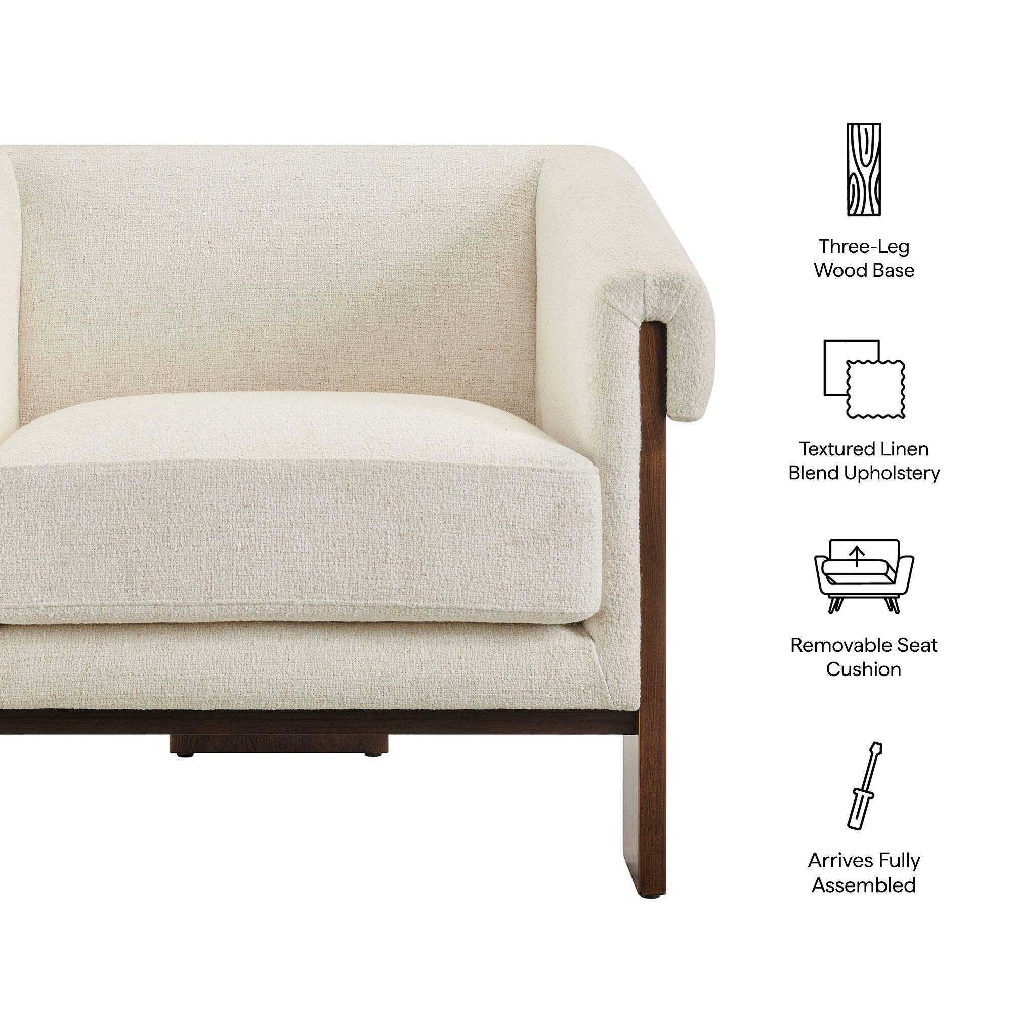 Three-Leg Wood Base  
Textured Linen Blend Upholstery  
Removable Seat Cushion  
Arrives Fully Assembled