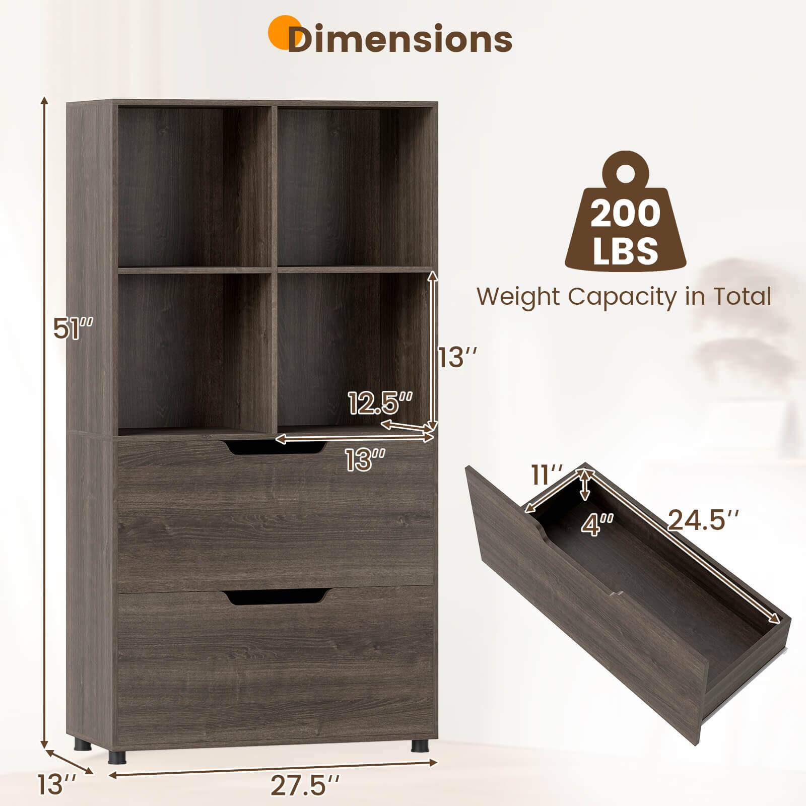 Dimensions:  
- Height: 51"  
- Width: 27.5"  
- Depth: 13"  
- Shelf Width: 12.5"  
- Shelf Depth: 13"  
- Drawer Width: 24.5"  
- Drawer Depth: 11"  
- Drawer Height: 4"  

Weight Capacity in Total: 200 LBS