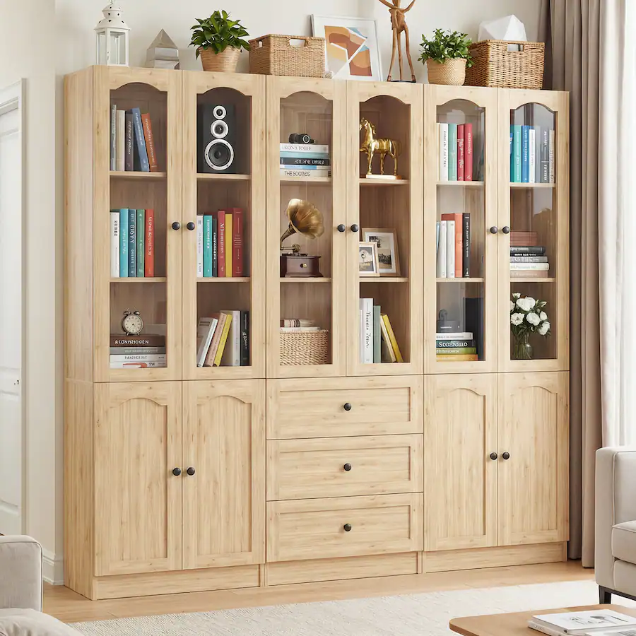 Aheaplus 80'' Tall Pantry Cabinet Set of 2, with 3 Drawers, Glass Doors ...