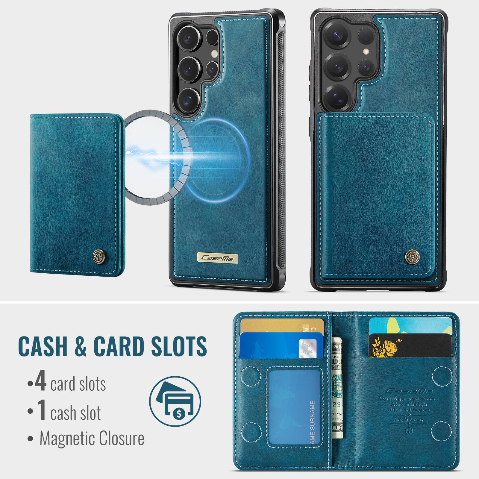 Caselle CASH & CARD SLOTS  
4 card slots  
1 cash slot  
Magnetic Closure  

SURNAME AME  
29 Casellla Soni  
1 S T Akind o  
444 Siringle Nasceso  
S Kijare Hmol LrA