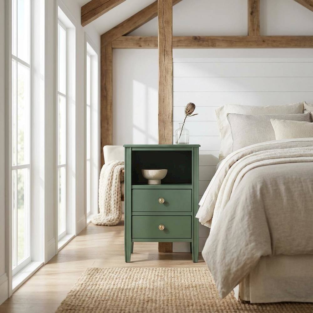 Angle. FurniFact - Vintage Green 2-Drawer Bedroom Nightstand with Traditional Hardware - Green.