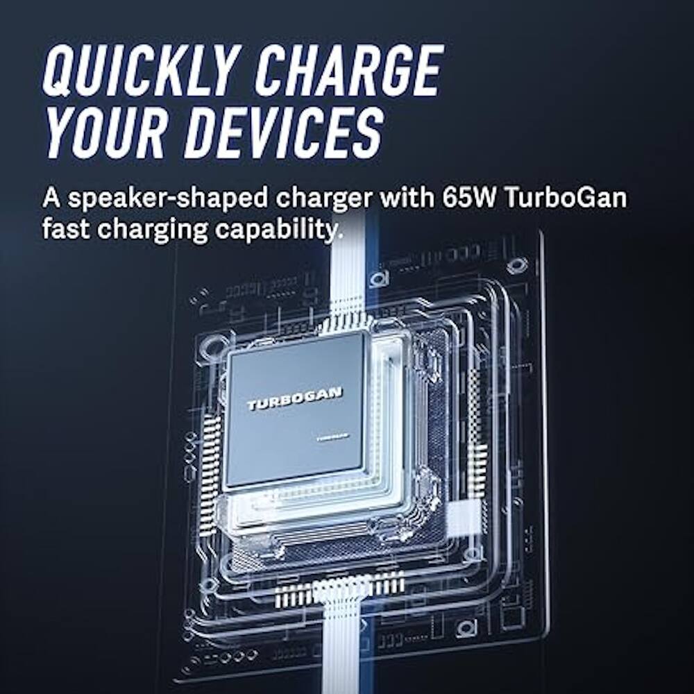 Quickly charge your devices with a speaker-shaped charger featuring 65W TurboGan fast charging capability.