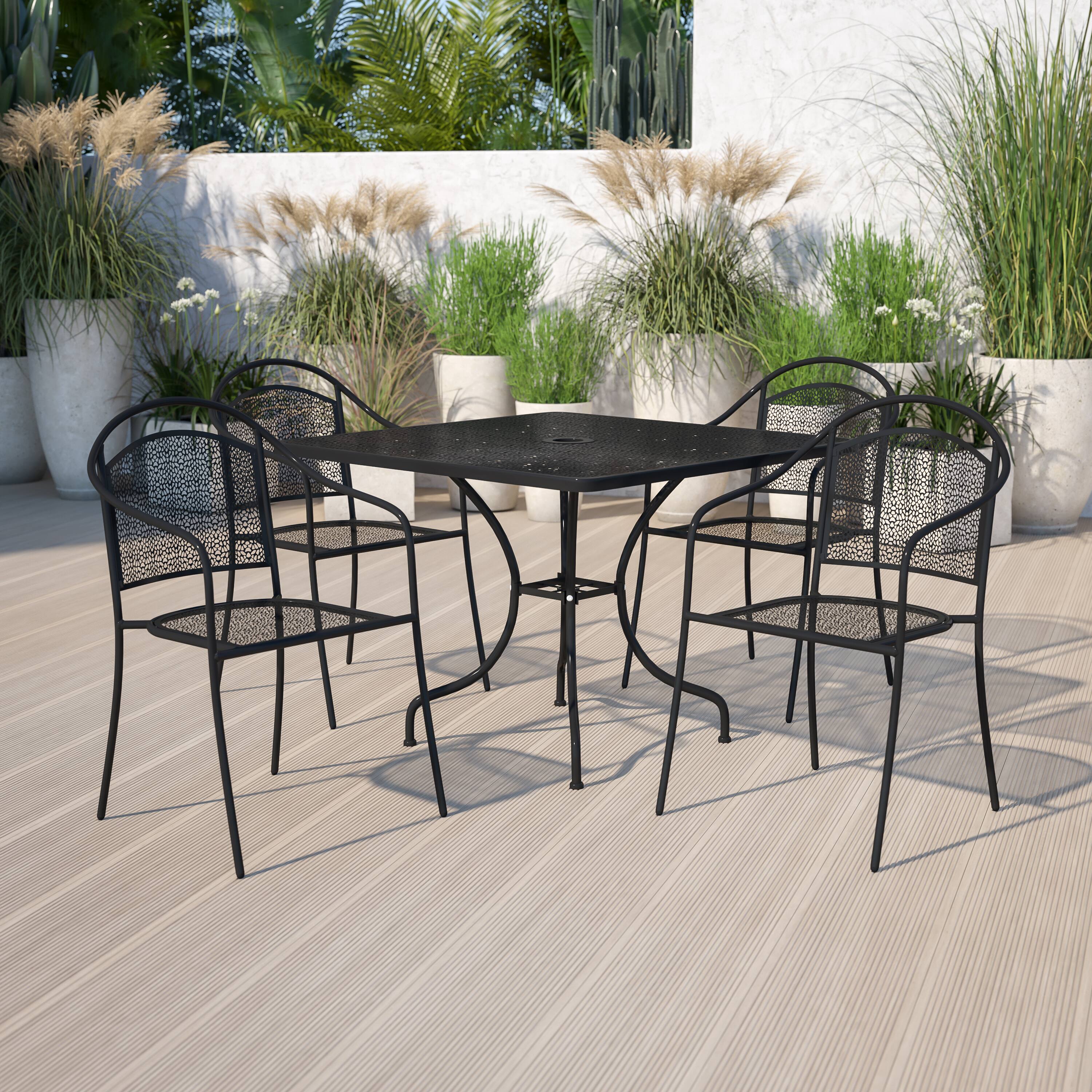 Alt View 1. Emma + Oliver - Commercial 35.5" Square Metal Garden Patio Table Set w/ 4 Round Back Chairs - Black.