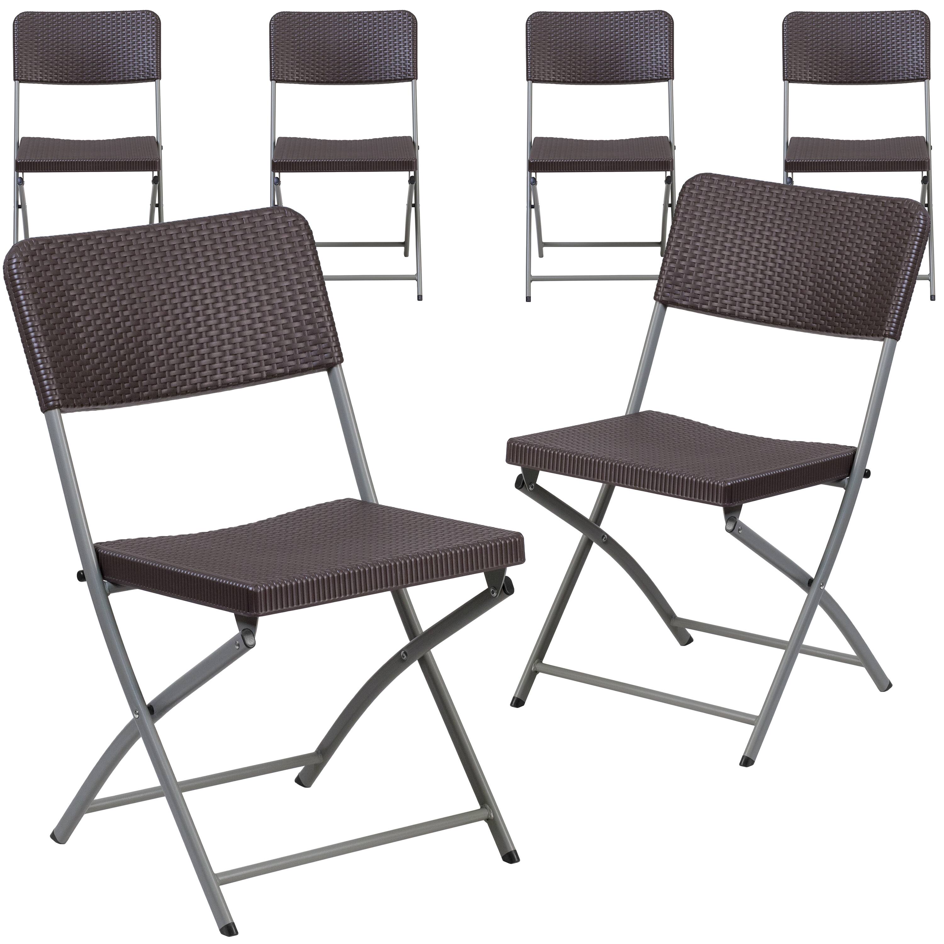 Front. Emma + Oliver - 6 Pack Rattan Plastic Folding Chair with Gray Frame - Brown.