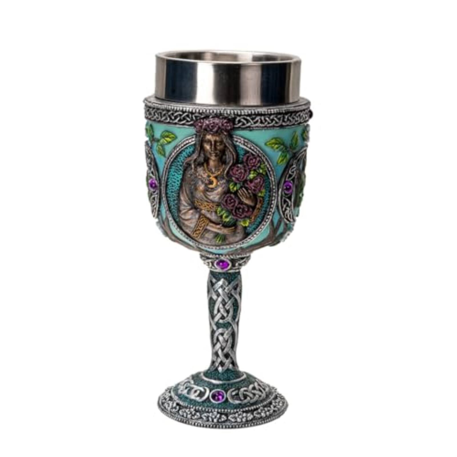 Front. Pacific Trading - Triple Goddess Wine Goblet Chalice Cup Made of Polyresin With Stainless Steel Cup - Multicolor.