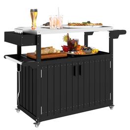 Outsunny - Outdoor Bar Cart with Storage Cabinet, Stainless Steel Top Kitchen Island on Wheels, HDPE Outdoor Bar Table - Black
