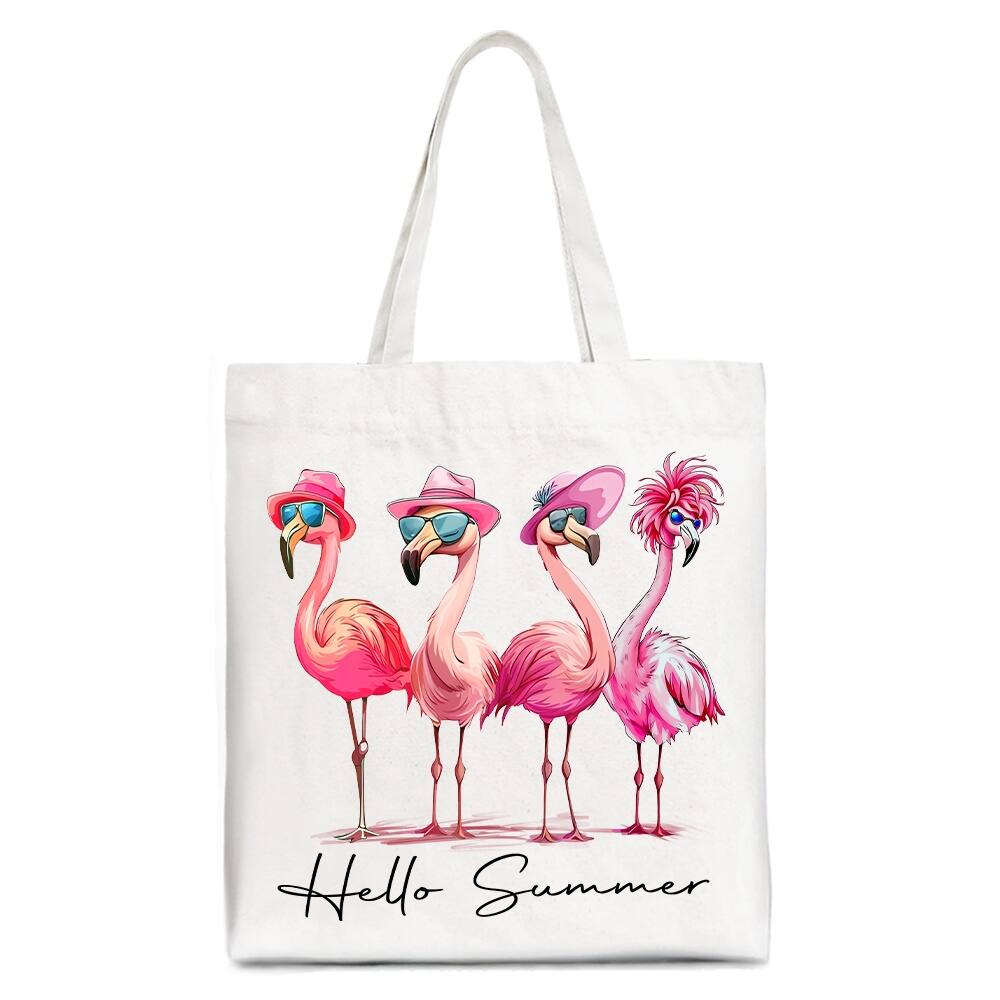 OrnamentallyYou - Flamingo Hello Summer Canvas Tote Bag, Retro Gift Shopper with Tropical Birds - White