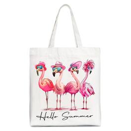 OrnamentallyYou - Flamingo Hello Summer Canvas Tote Bag, Retro Gift Shopper with Tropical Birds - White