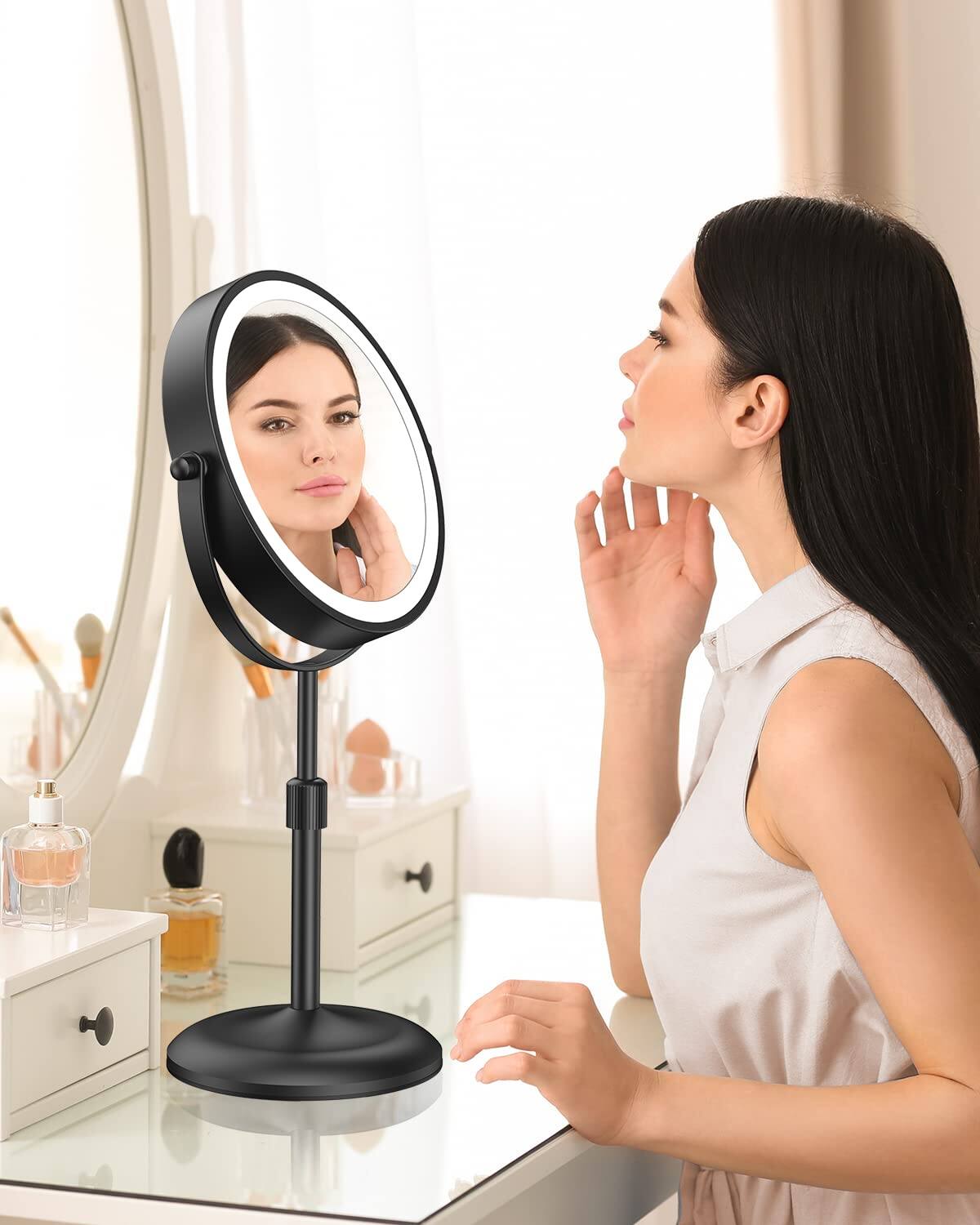 Alt View 3. Empire DigiLabs - Lighted Makeup Mirror With 10x Magnification 3 Color Lights Adjustable Brightness Height 360 Swivel Recharg - Gold.
