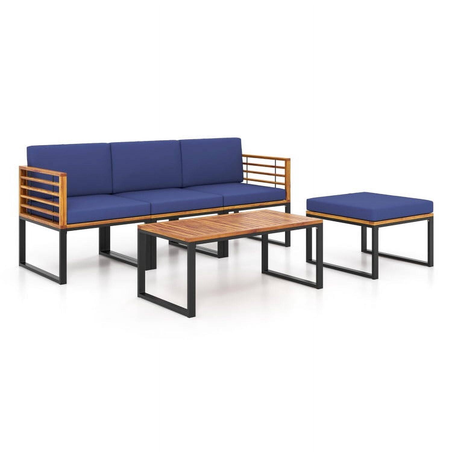 Back. Kadyn - 5 Piece Patio Acacia Wood Chair Set, Outdoor Furniture Garden Conversation Sets with Ottomans and Coffee Table-Navy - Blue.