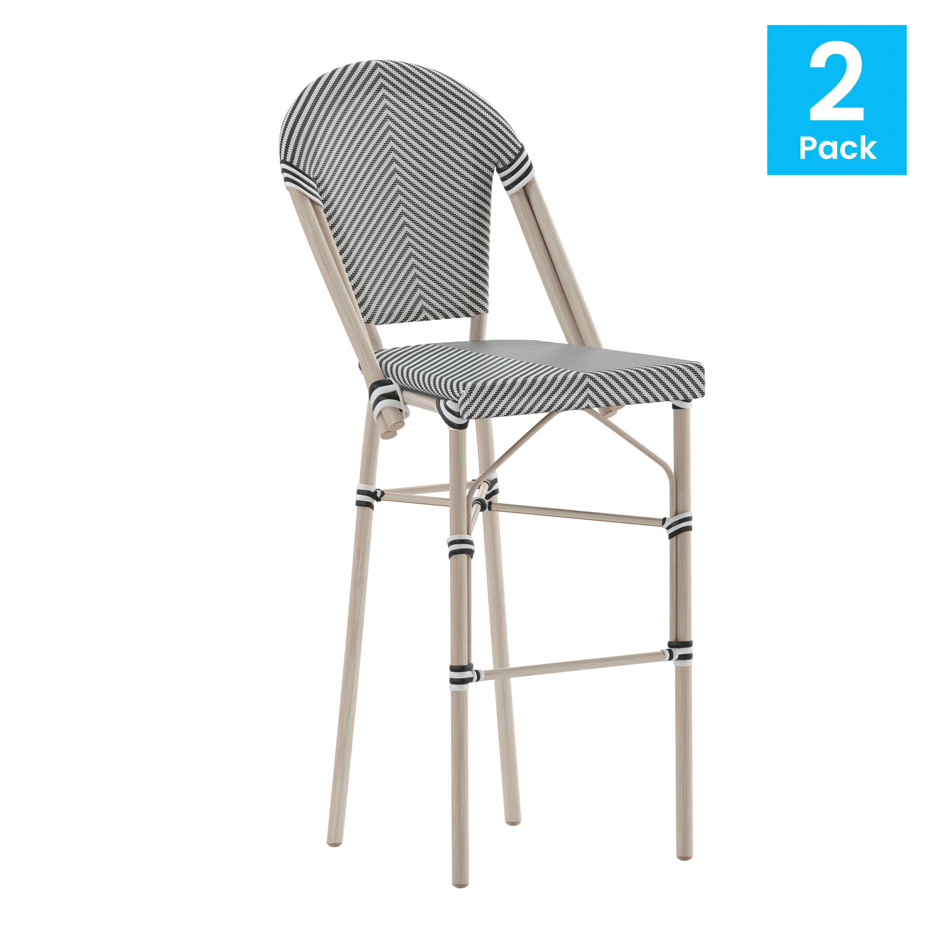 Alt View 1. Emma + Oliver - Massalia Indoor/Outdoor Bistro Style Bar Stools with Textilene Seat and Metal Frame - Black & White/Light Natural Frame.