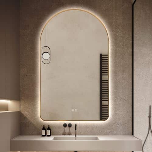 Earthley Blooms - Arched Led Lighted Bathroom Mirror Backlit Vanity With Lights Brushed Framed Wall Mounted Mirrors Dimmabl - Gold-48"L x 30"W