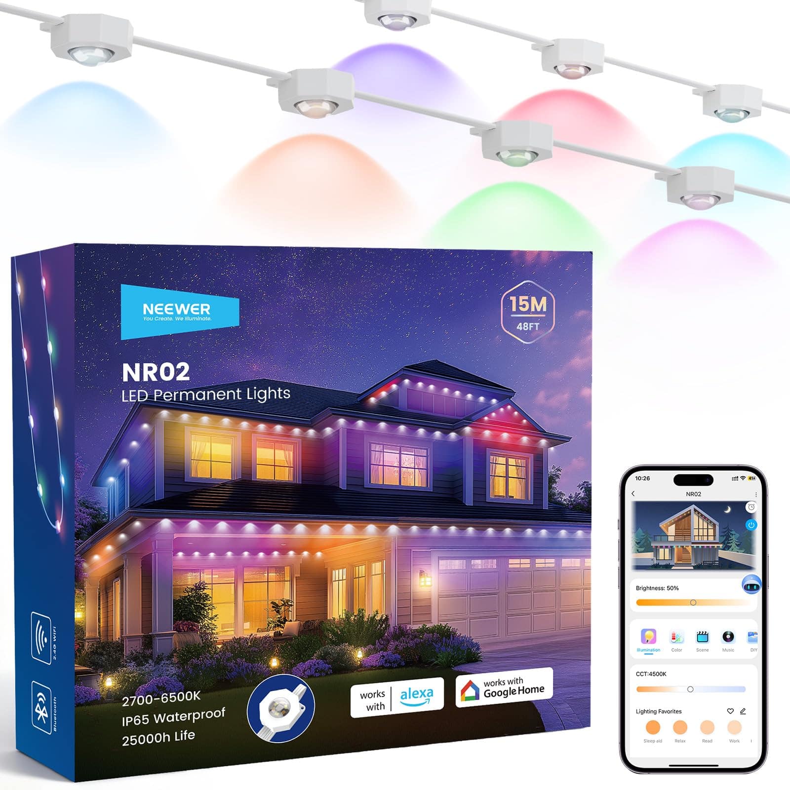 Neewer - 48ft Permanent Outdoor RGBCW Lights, Smart AI App Control, IP65, NR02