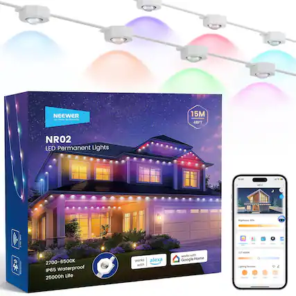 NEEWER - Creore - suminie 15M 48FT NRO2 LED Permanent Lights - 3 I N Brightness sen I : S | 2700-6500K IP65 Waterproof 25000h Life works alexa with works with Google Home - - nntatons OCT Lightng Tauories - - - - - - - 1