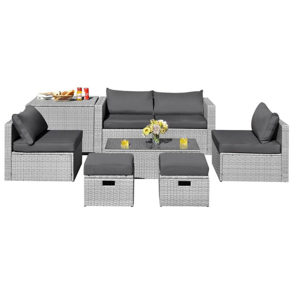 Front. Pefilos - 8 Pieces Patio Rattan Furniture Set, Modular Furniture Set with Storage Waterproof Cover and Cushion, Space-Saving PE - Gray.