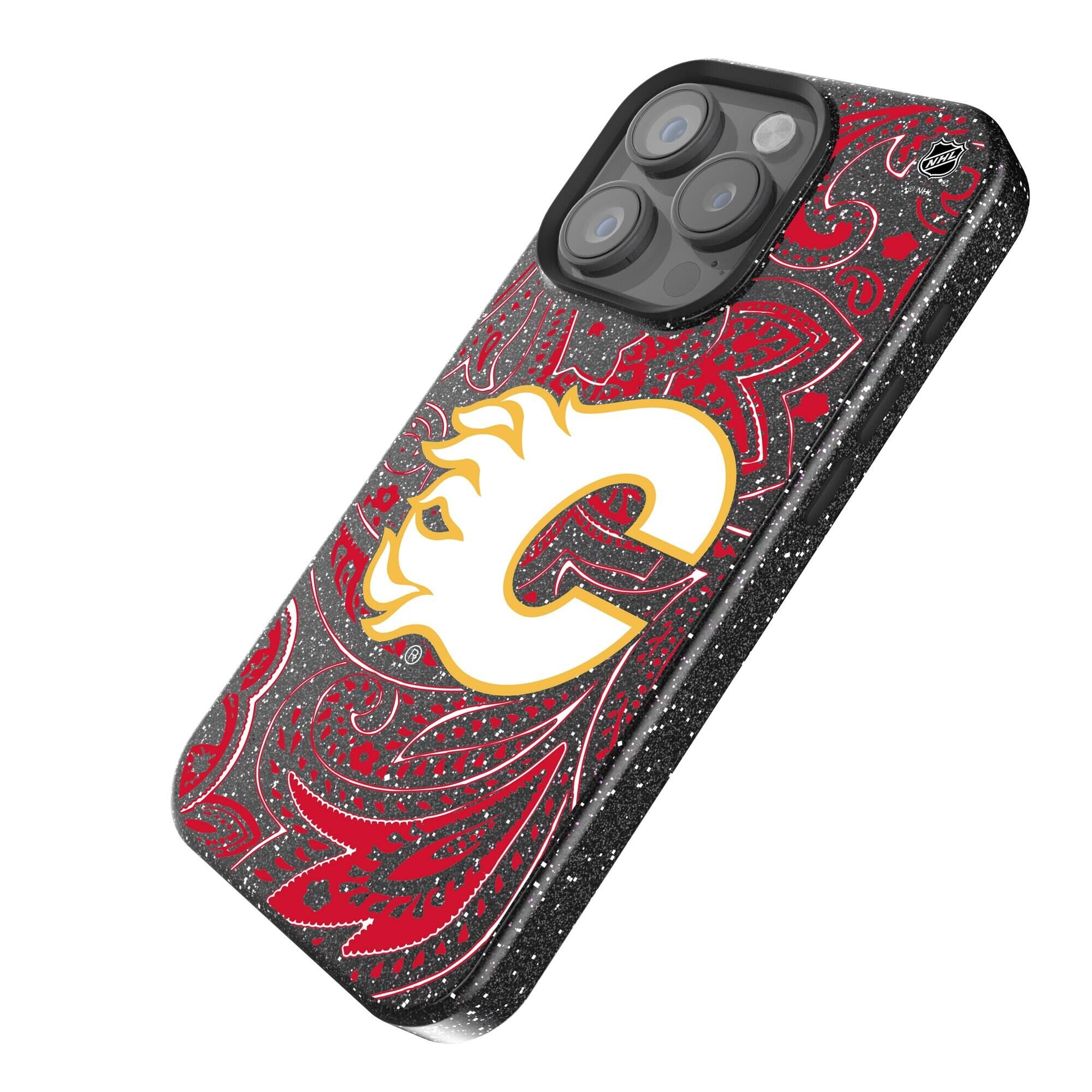 Alt View 1. Keyscaper - Black Calgary Flames Paisley Bling iPhone Case - 14 Pro Max - Black.