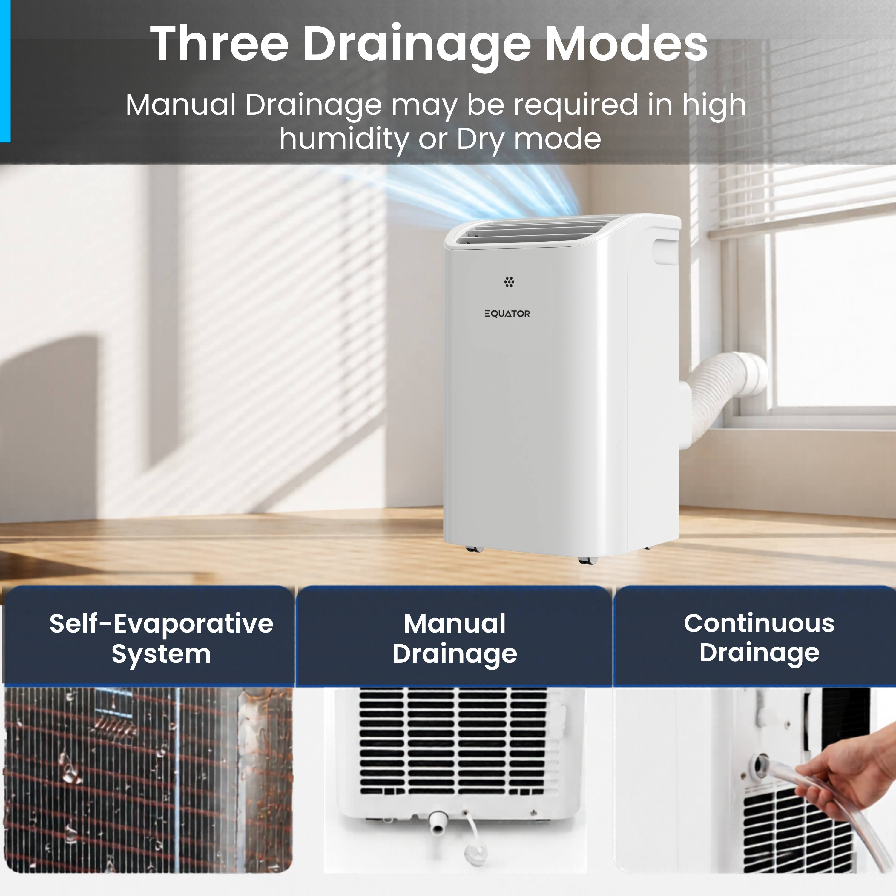 Three Drainage Modes

Manual Drainage may be required in high humidity or Dry mode

EQUATOR Self-Evaporative System

Manual Drainage

Continuous Drainage