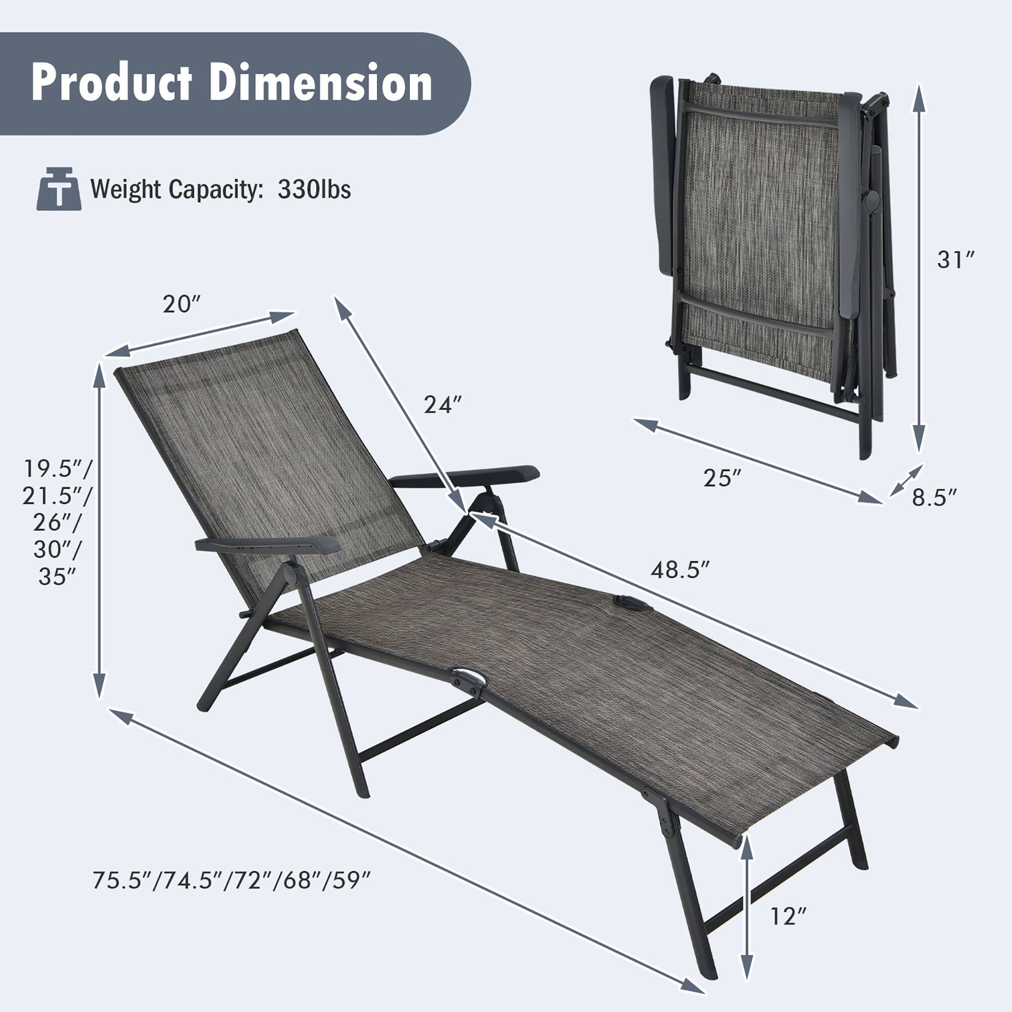 Product Dimension

Weight Capacity: 330lbs

31"
20"
24"
19.5"/ 21.5"/ 26"/ 30"/ 35"
25"
48.5"
8.5"
75.5"/74.5"/72"/68"/59"
12"