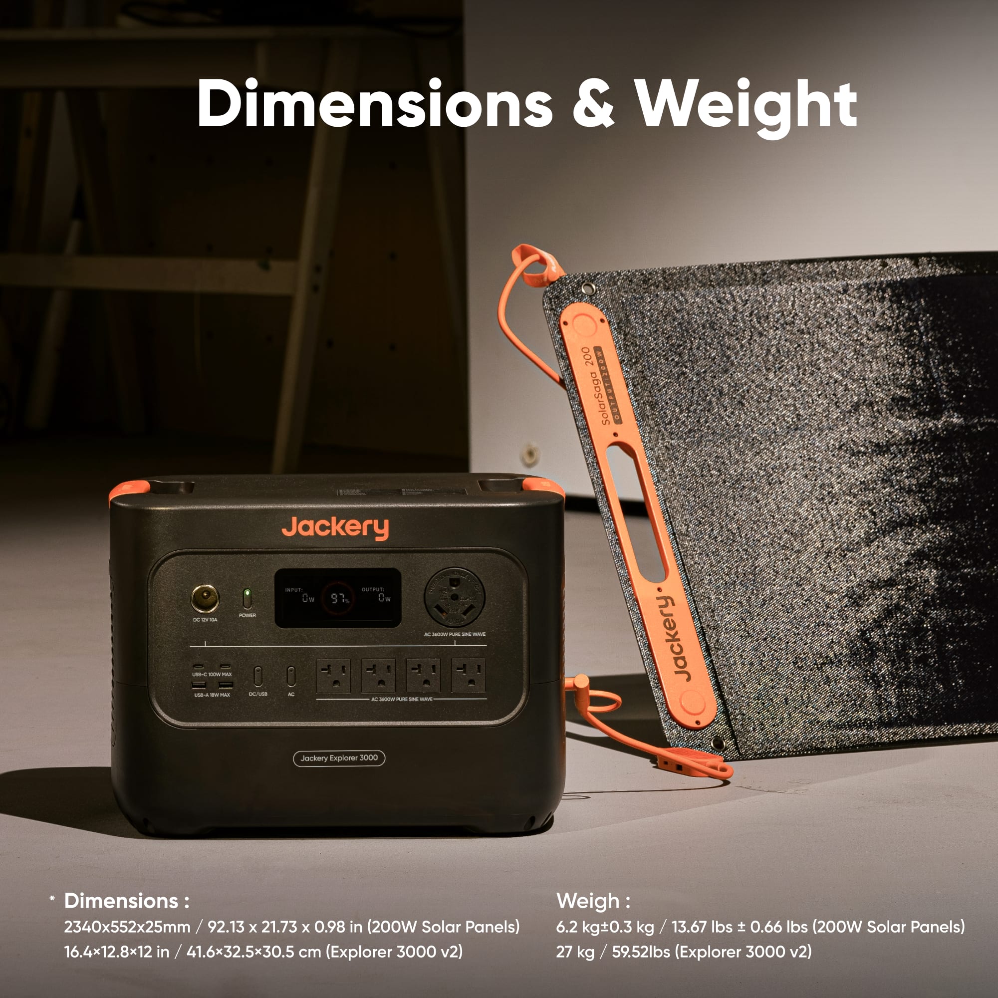 Dimensions & Weight
Dimensions:
2340x552x25mm / 92.13 x 21.73 x 0.98 in (200W Solar Panels)
16.4x12.8x12 in / 41.6x32.5x30.5 cm (Explorer 3000 v2)
Weight:
6.2 kg ± 0.3 kg / 13.67 lbs ± 0.66 lbs (200W Solar Panels)
27 kg / 59.52 lbs (Explorer 3000 v2)