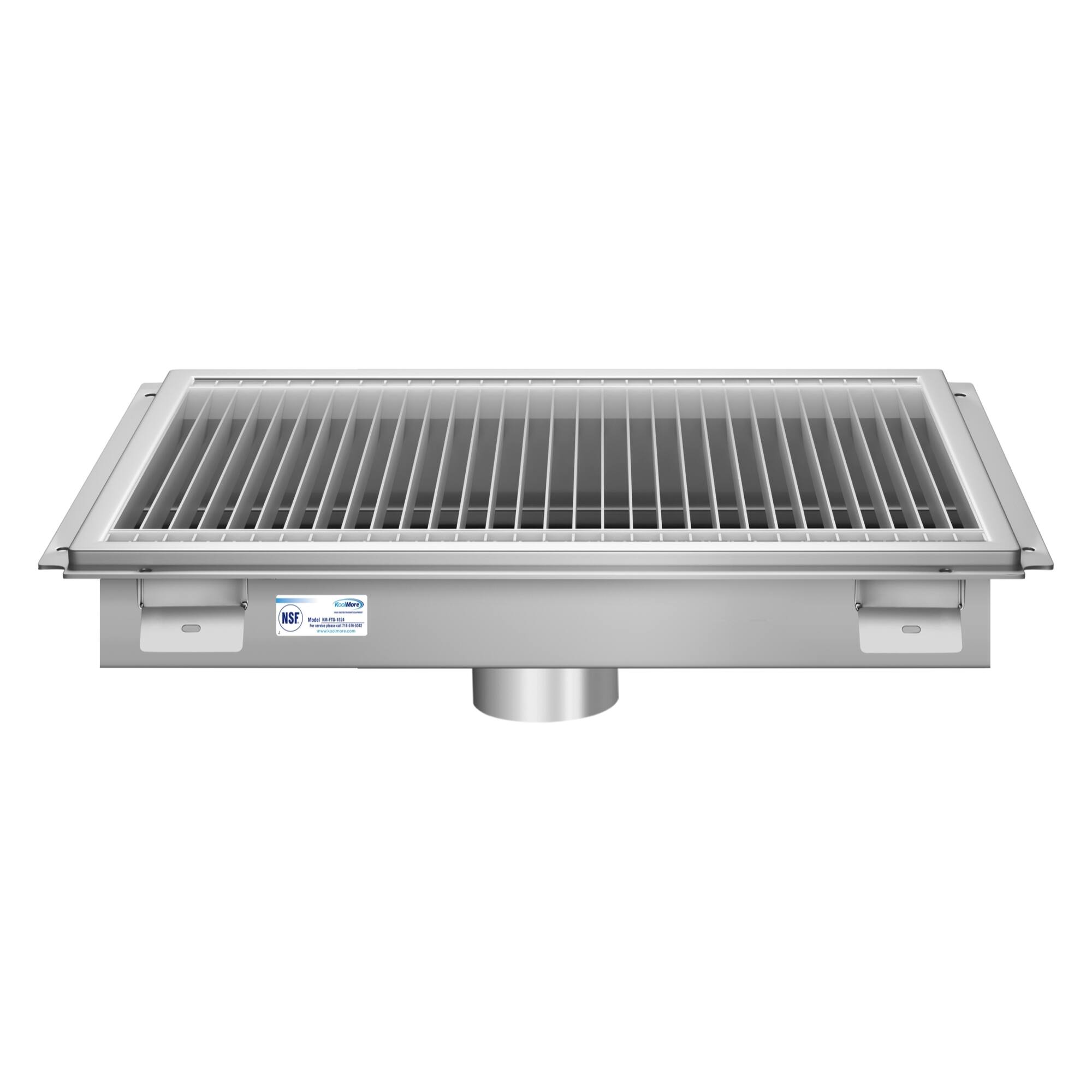 Back. Koolmore - 18" x 24" Stainless Steel Floor Trough Drain, 14-Gauge with Subway-Style Grating & Removable Drain Basket, NSF Listed - Stainless-Steel.